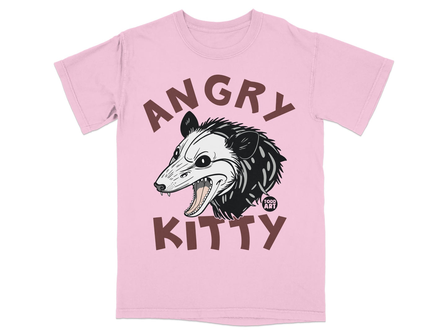 Pink t-shirt with an angry possum graphic and "Angry Kitty" text.