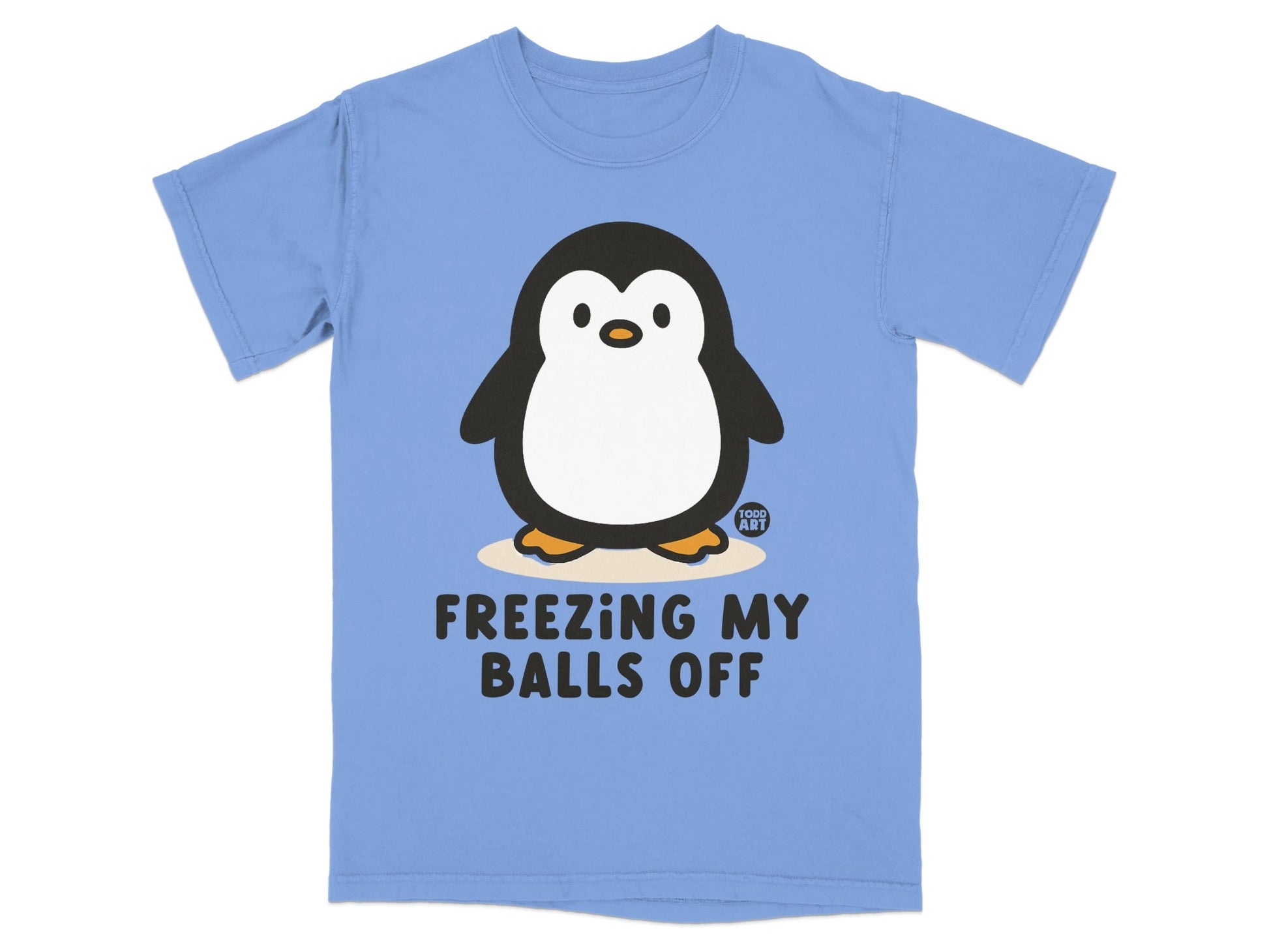 Blue t-shirt with a cartoon penguin and text "FREEZING MY BALLS OFF".