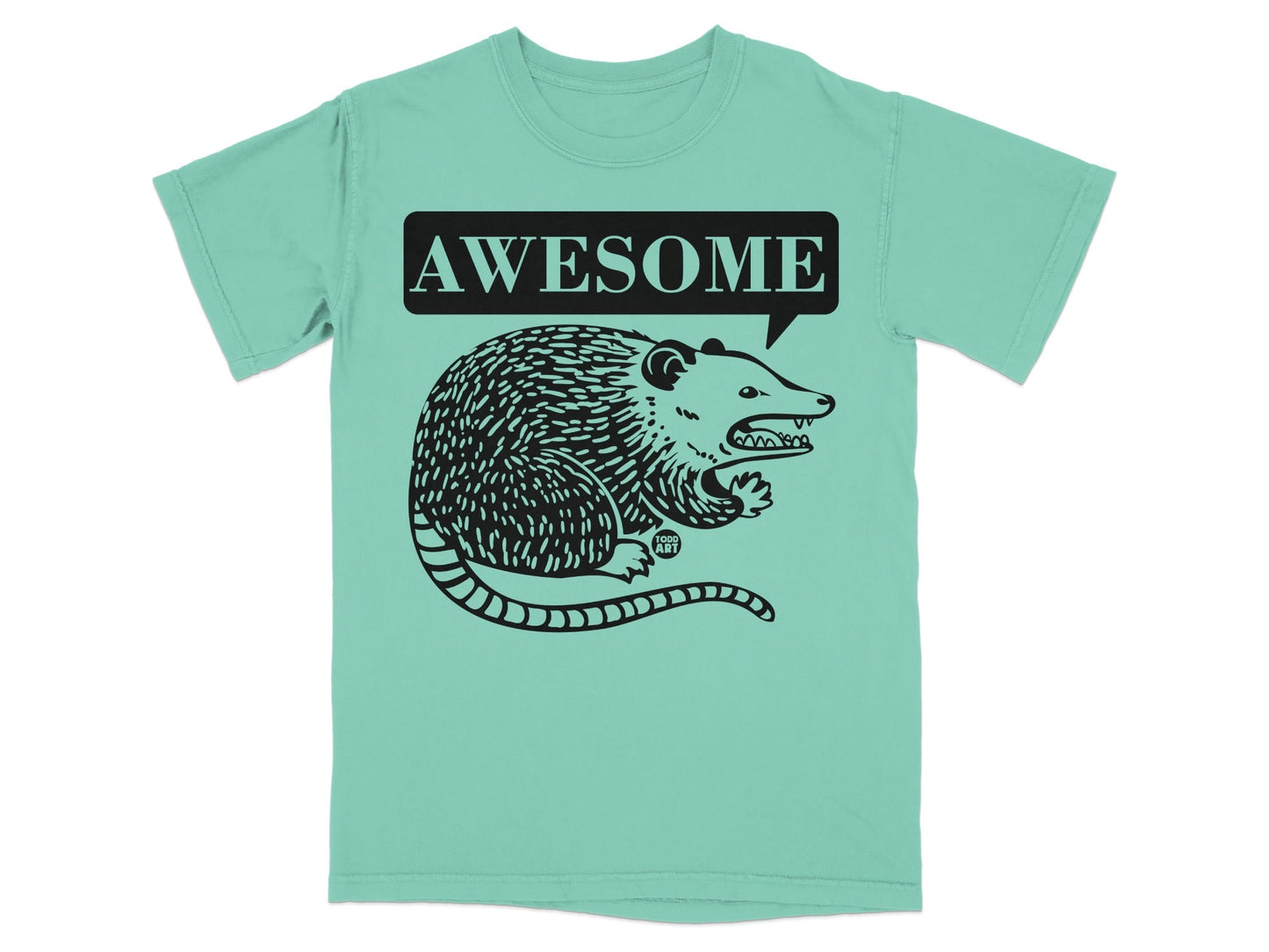 Teal t-shirt with black graphic of a possum with the word "AWESOME" in a speech bubble.
