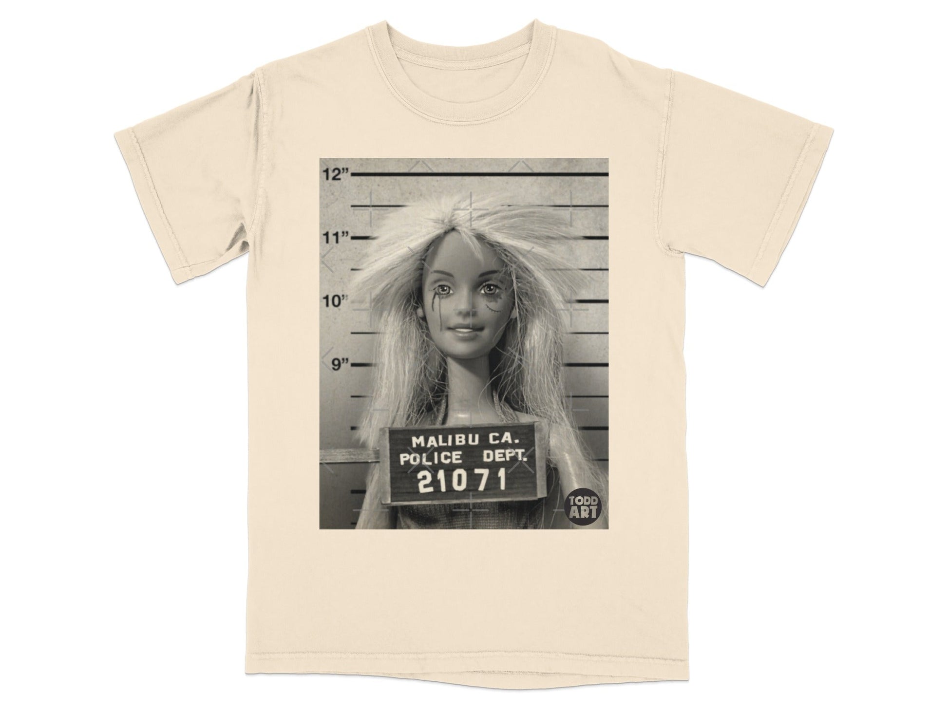 Barbie mugshot with "Malibu Ca. Police Dept. 21071" text.