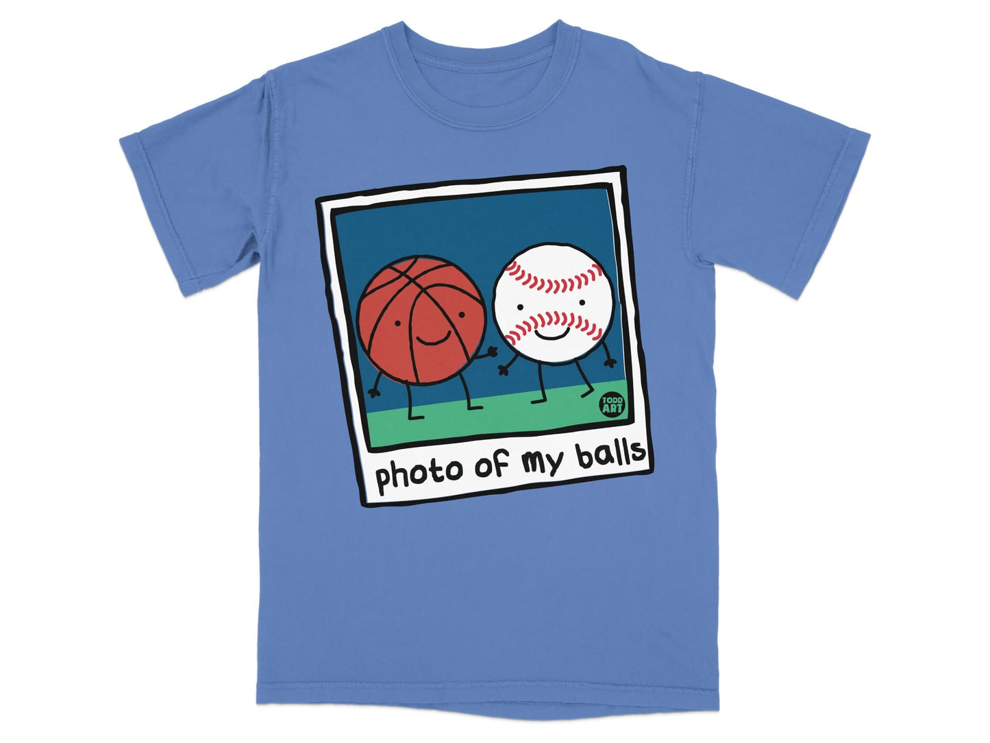 Cartoon basketball and baseball smiling together with "photo of my balls" text.