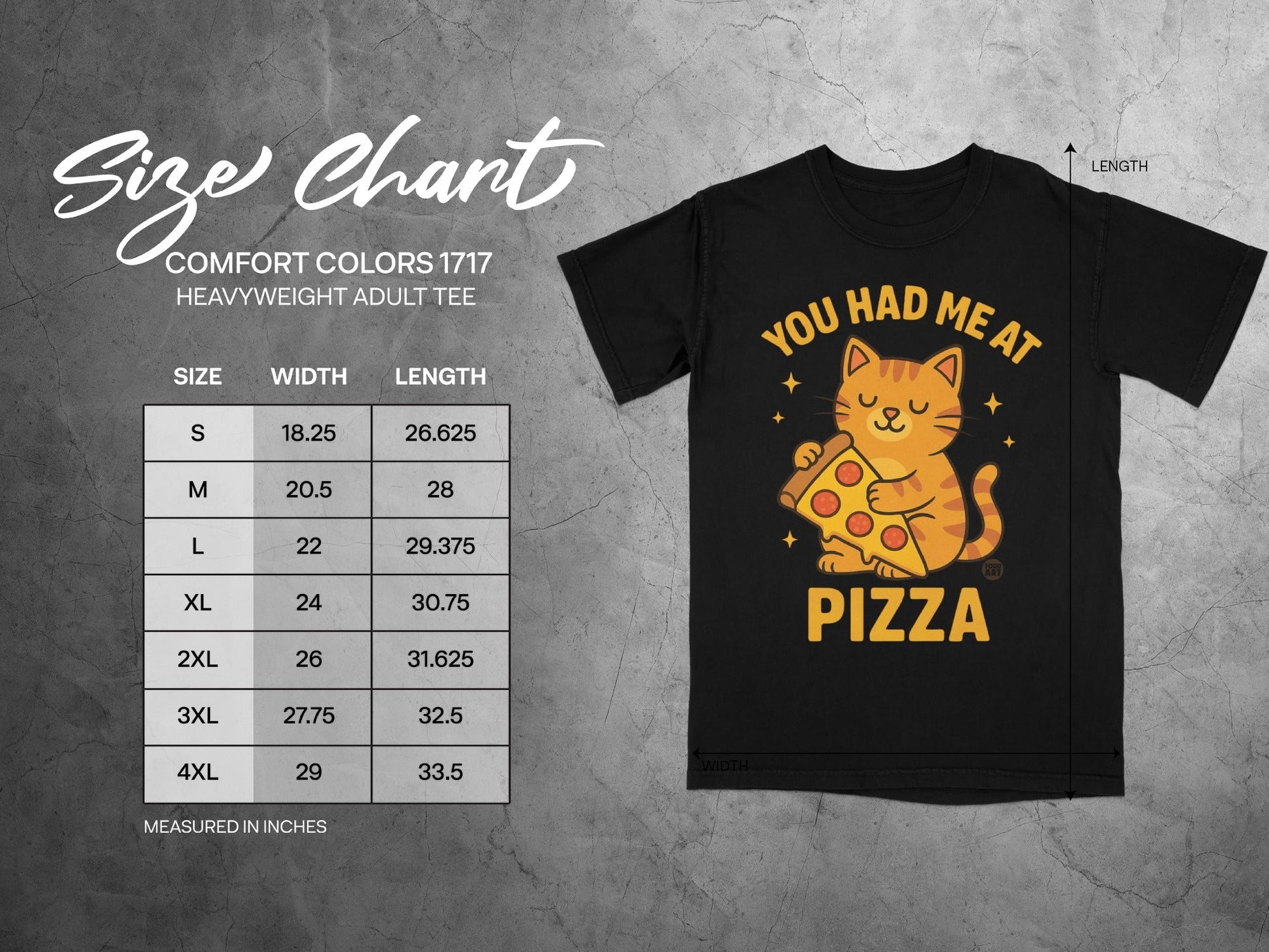 Size chart for Comfort Colors 1717 heavyweight adult tee with cat and pizza graphic.