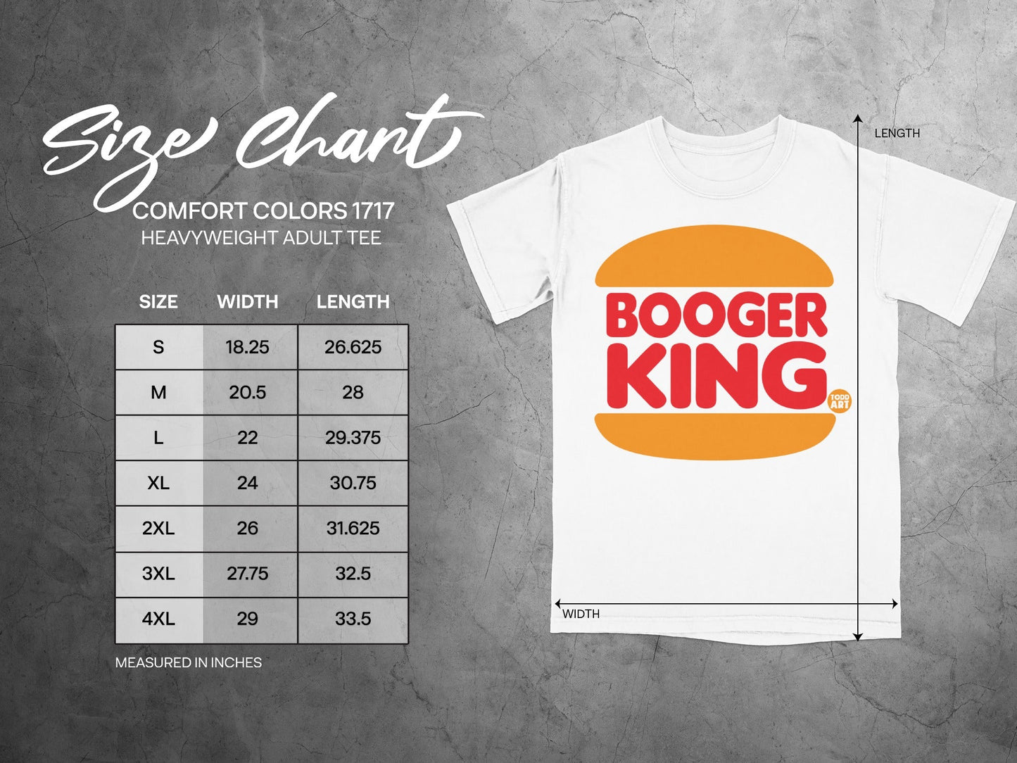 Size chart for Booger King heavy adult tee, measured in inches.
