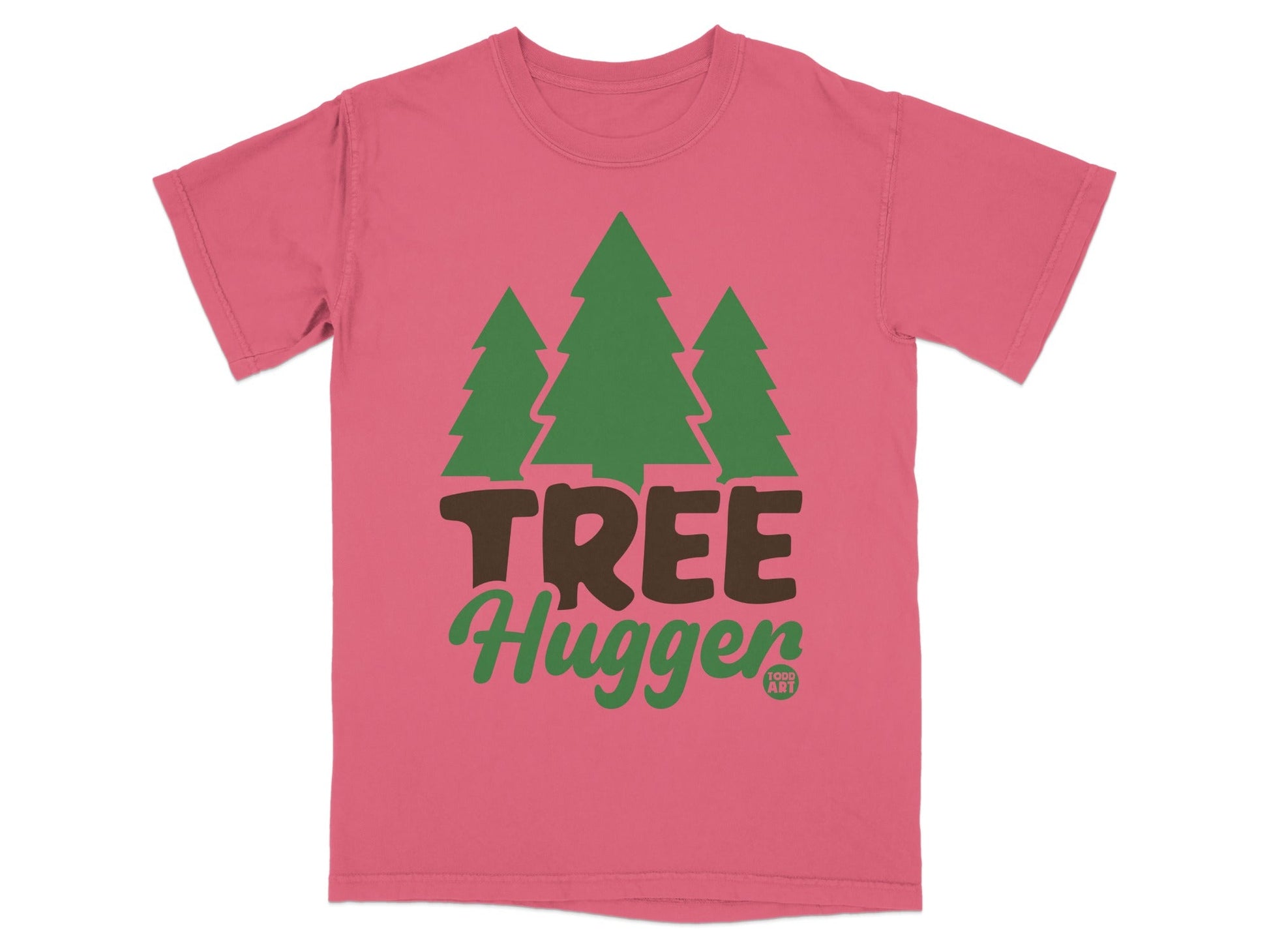 Pink t-shirt with green trees and "TREE Hugger" text.