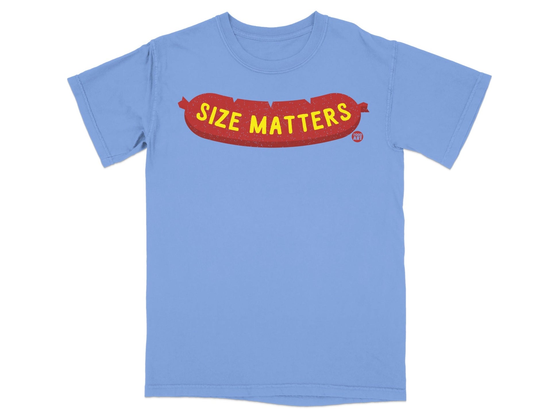 Light blue t-shirt with red sausage graphic and "Size Matters" text.