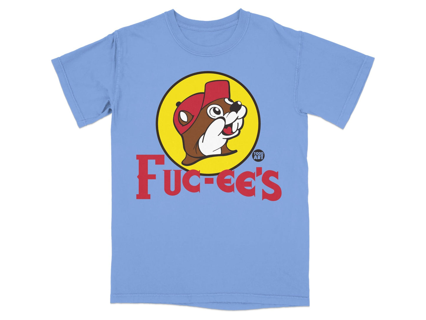 Light blue t-shirt with "Fucci-ee's" logo and beaver character.