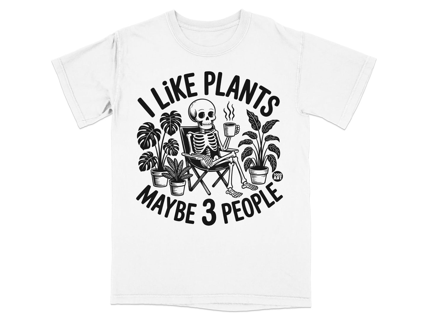Skeleton in chair surrounded by plants, text "I like plants maybe 3 people".