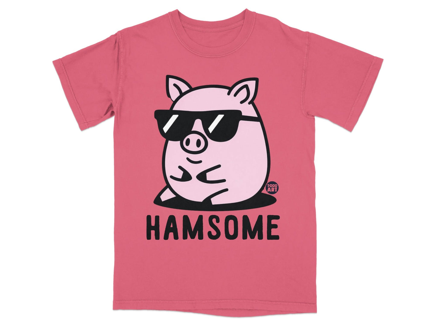 Pink t-shirt with a pig wearing sunglasses and the word "HAMSOME".