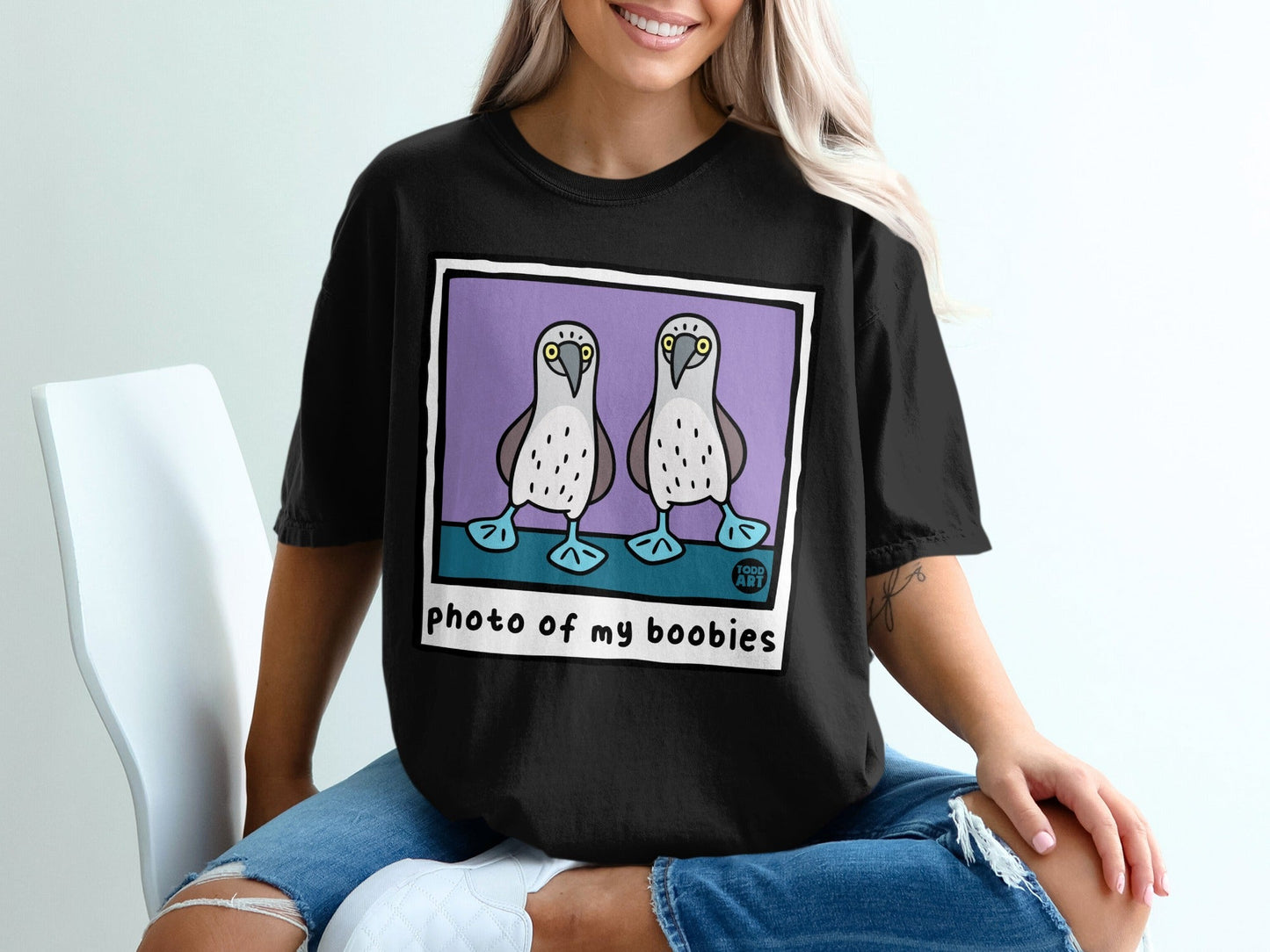 Black t-shirt with "photo of my boobies" and two blue-footed boobies illustration.