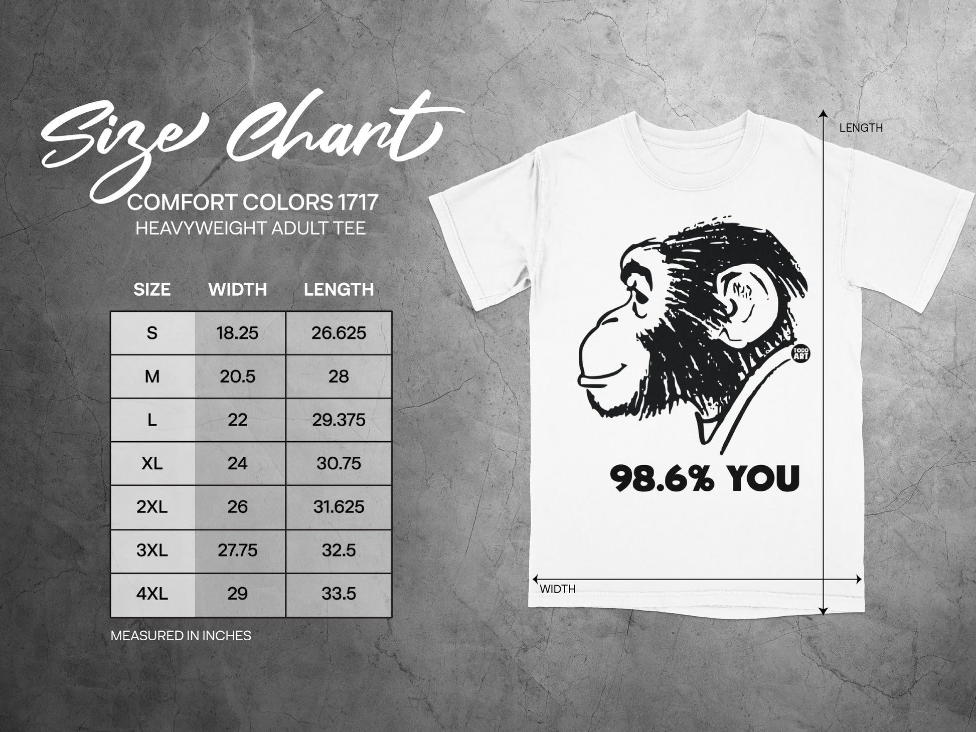 Size chart with measurements for Comfort Colors 1717 heavyweight adult tee.