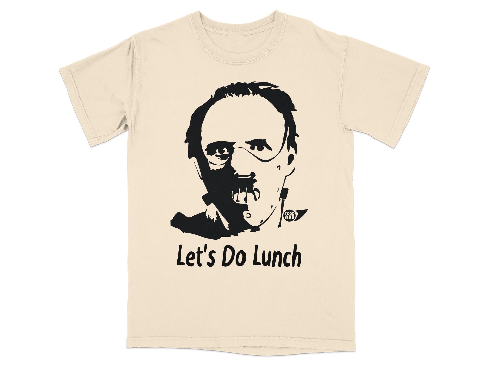 Cream t-shirt with black graphic of a man's face and text "Let's Do Lunch".