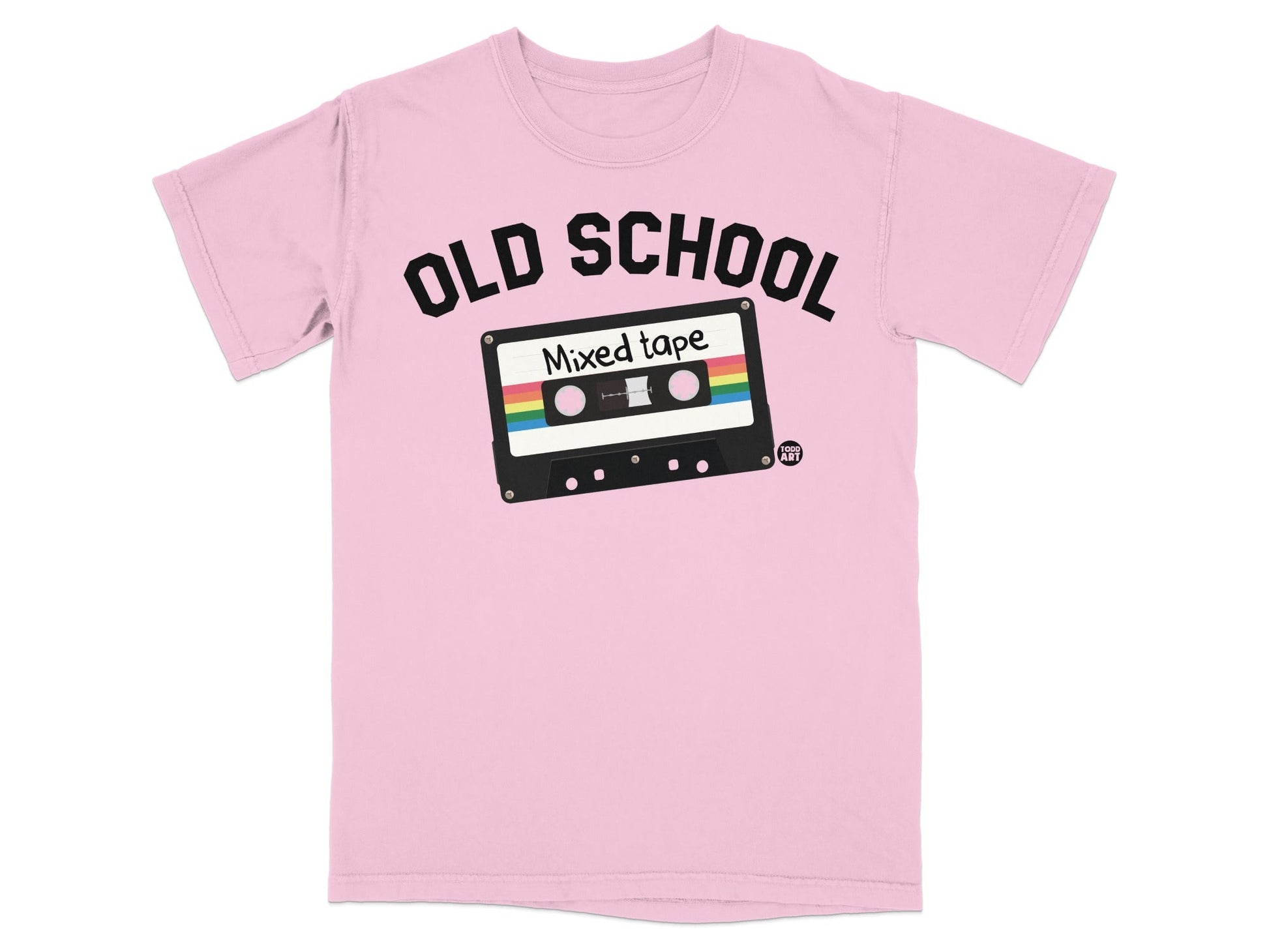 Pink t-shirt with vintage cassette tape graphic and text "OLD SCHOOL Mixed tape".