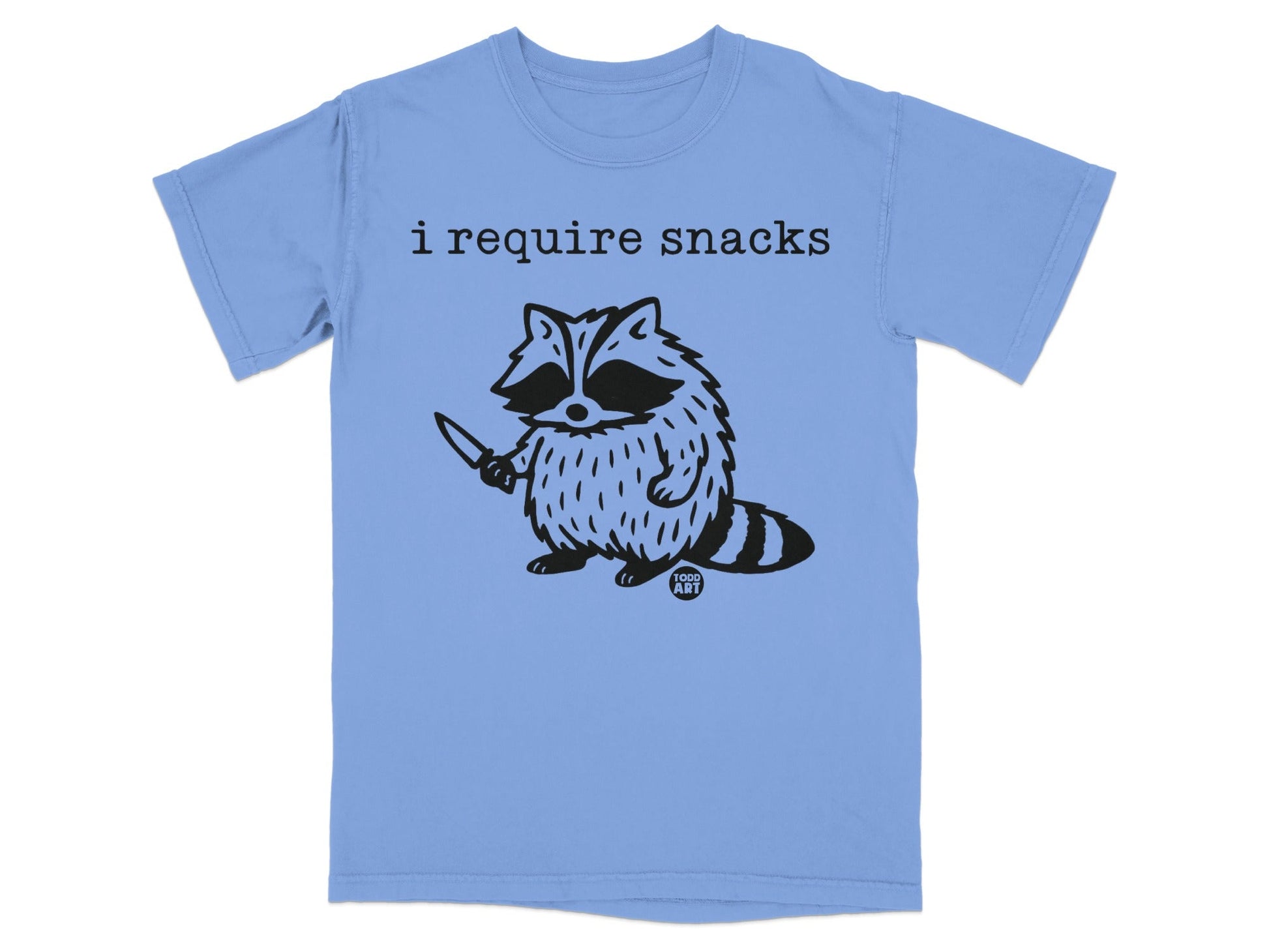 Raccoon holding a knife with text "i require snacks" above.