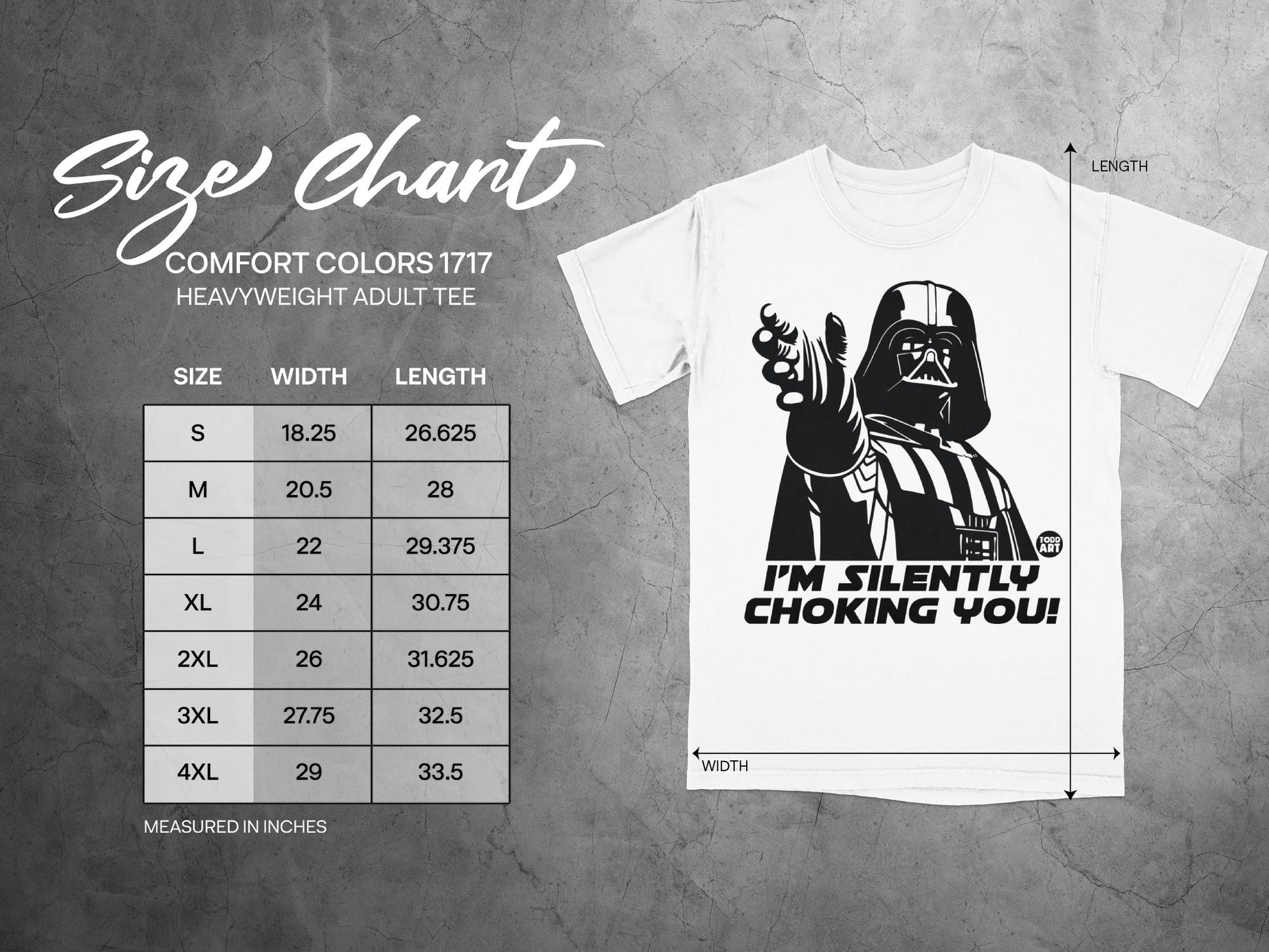 Size chart for a heavyweight adult tee, featuring Darth Vader graphic.