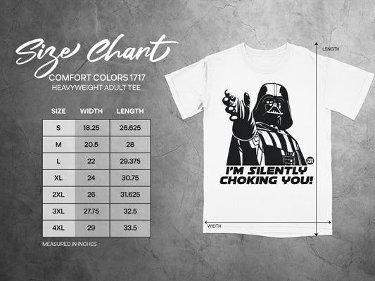 Size chart for a heavyweight adult tee, featuring Darth Vader graphic.