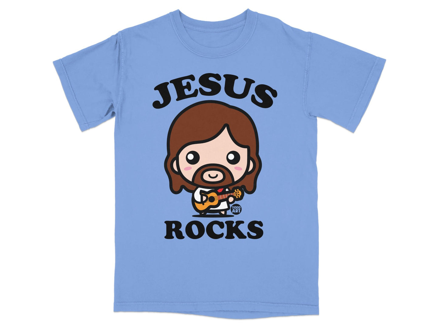 Blue t-shirt with cartoon Jesus playing guitar, text "JESUS ROCKS".