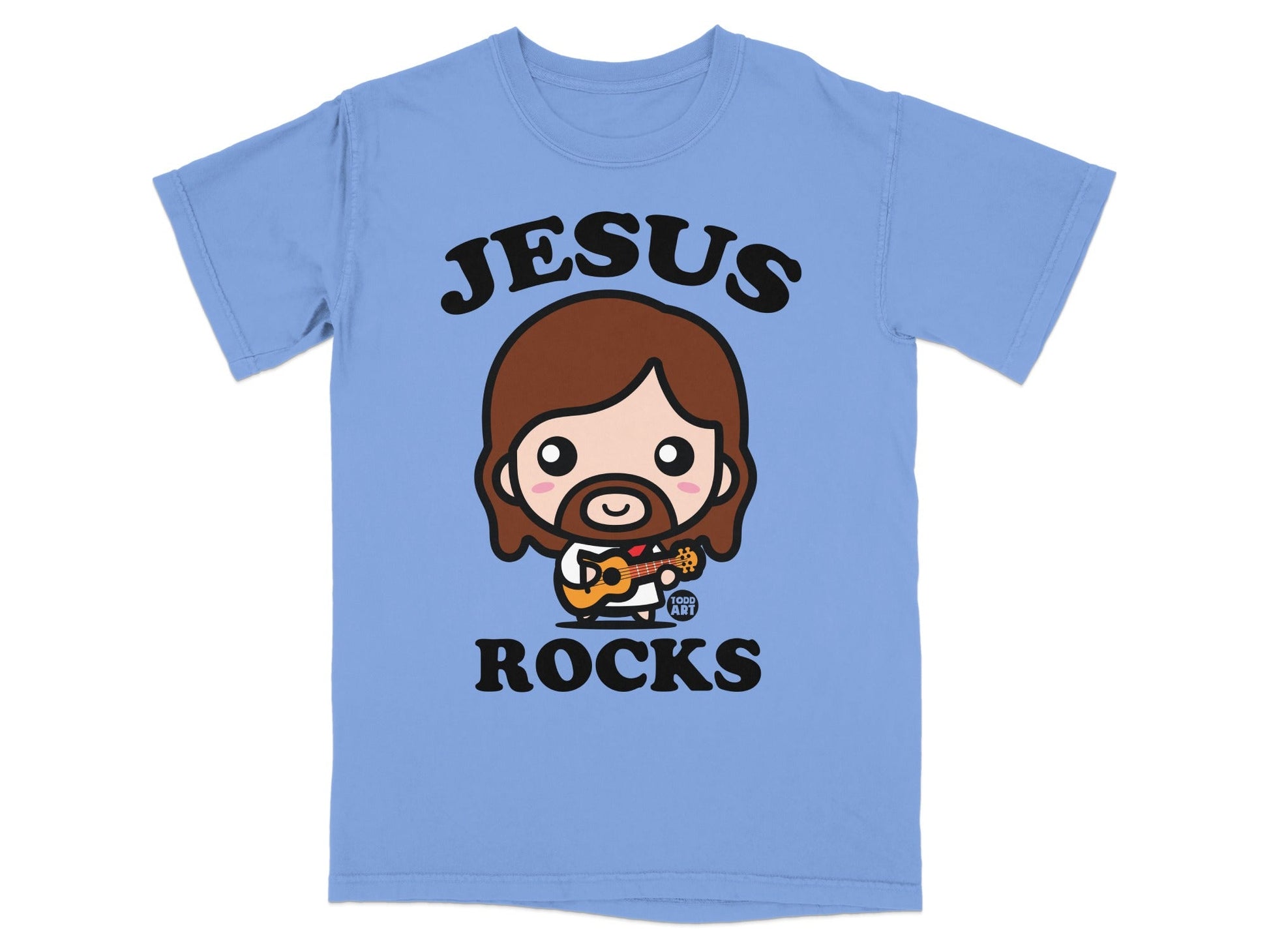 Blue t-shirt with cartoon Jesus playing guitar, text "JESUS ROCKS".