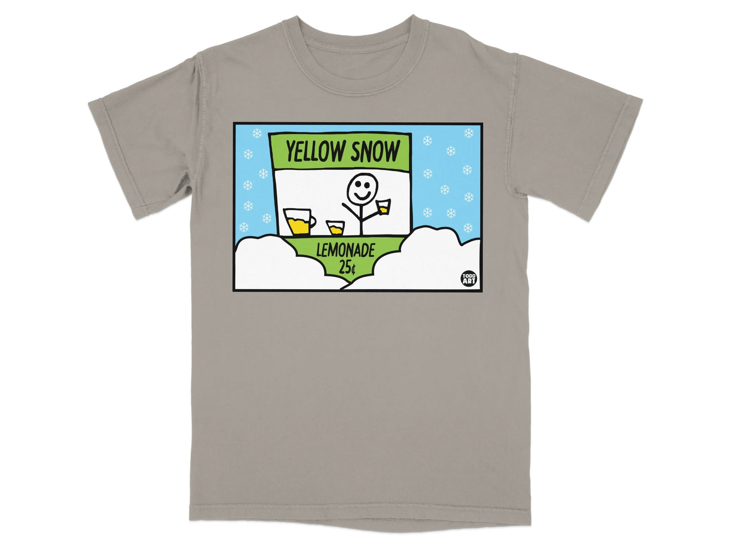 T-shirt graphic with yellow snow lemonade stand, 25 cents, and snowflakes.
