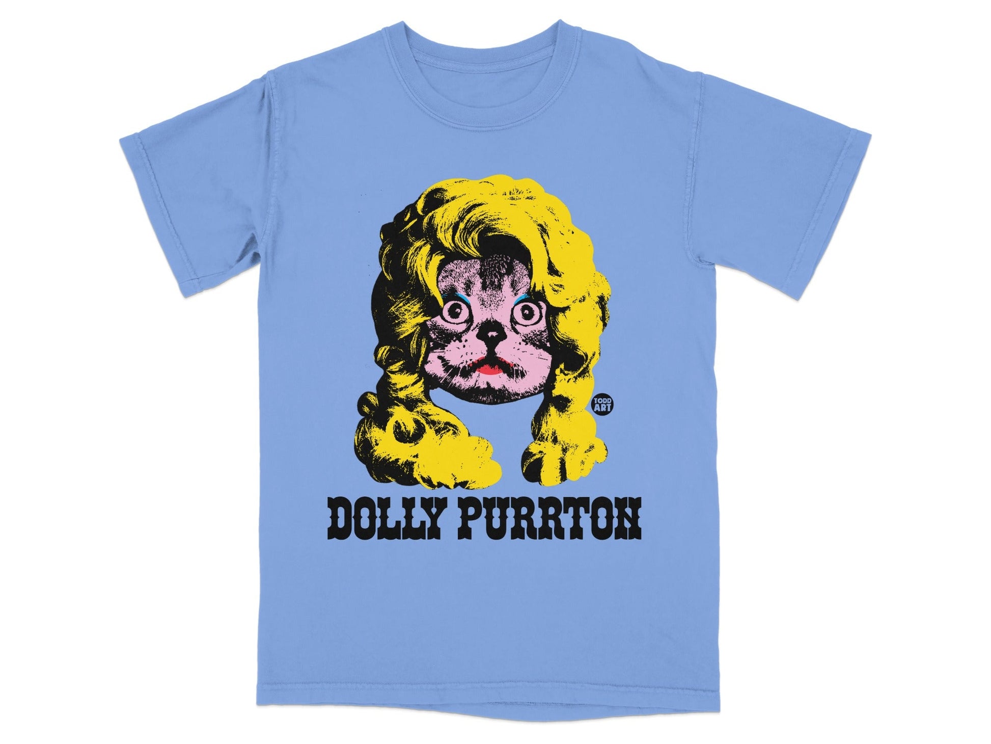Dolly Purrton Cat Graphic Blue T-Shirt Apparel