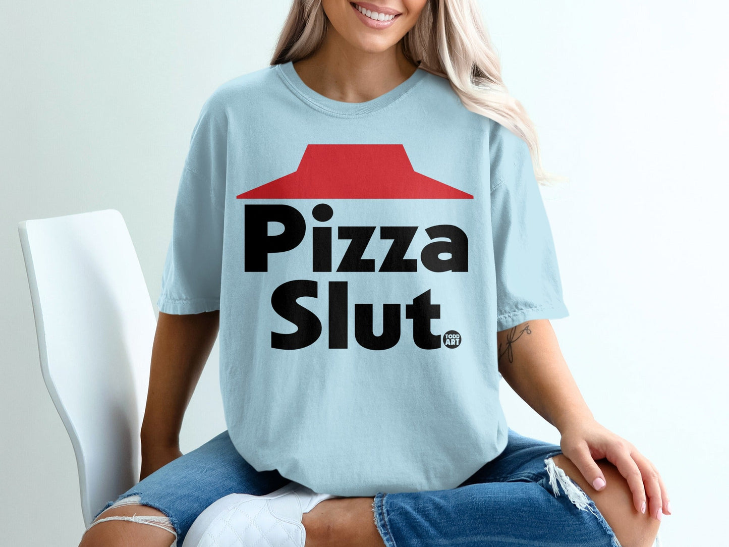 Light blue t-shirt with "Pizza Slut" and "Food Art" text.