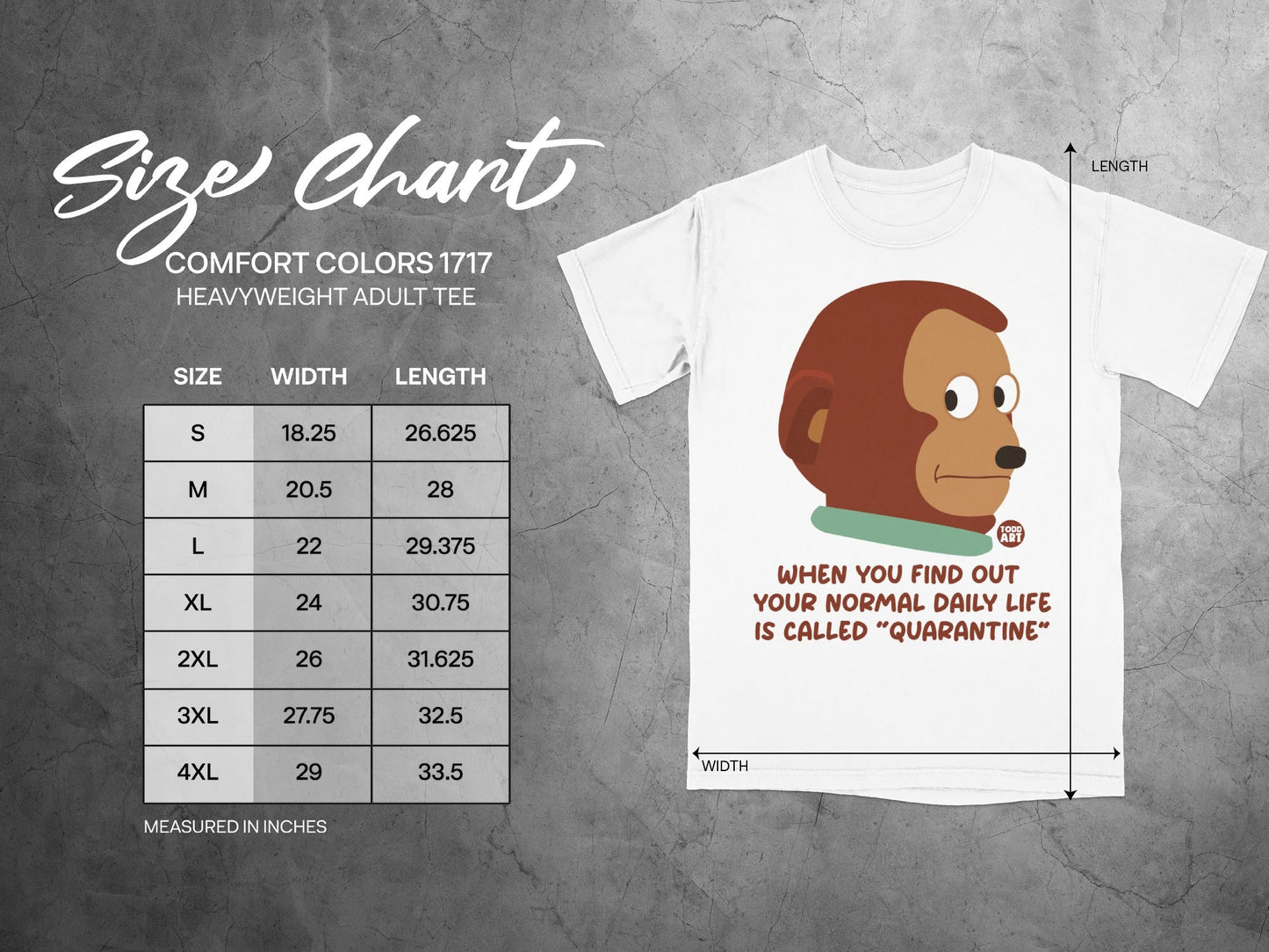 Size chart for Comfort Colors 1717 heavyweight adult tee with graphic.