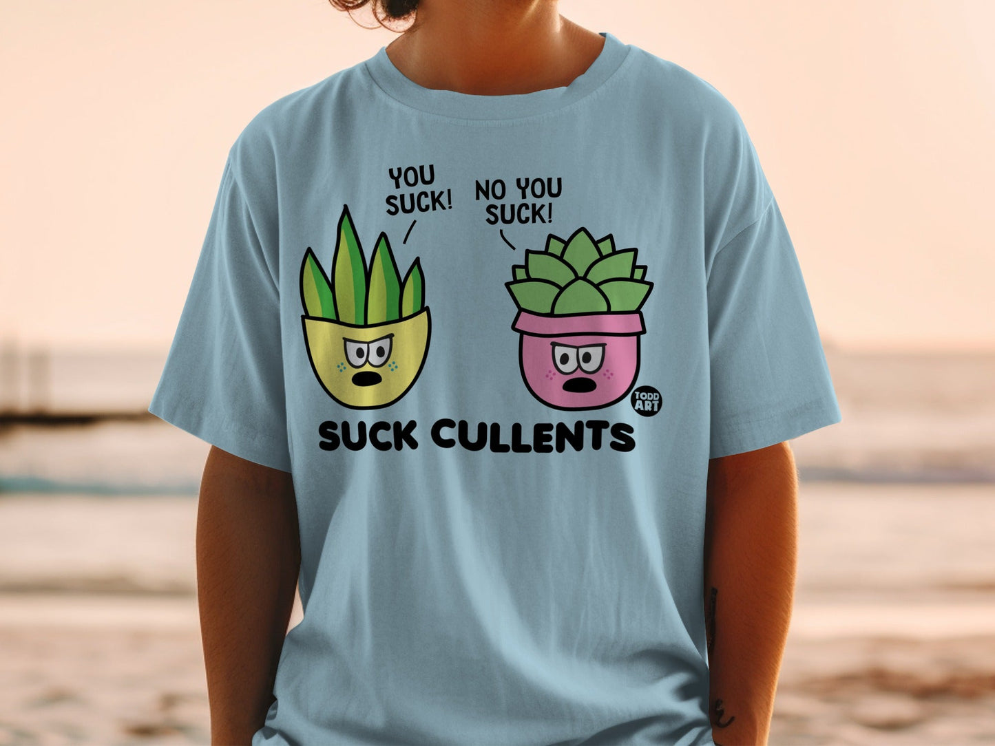 Two cartoon succulents in pots saying "YOU SUCK!" and "NO YOU SUCK!".