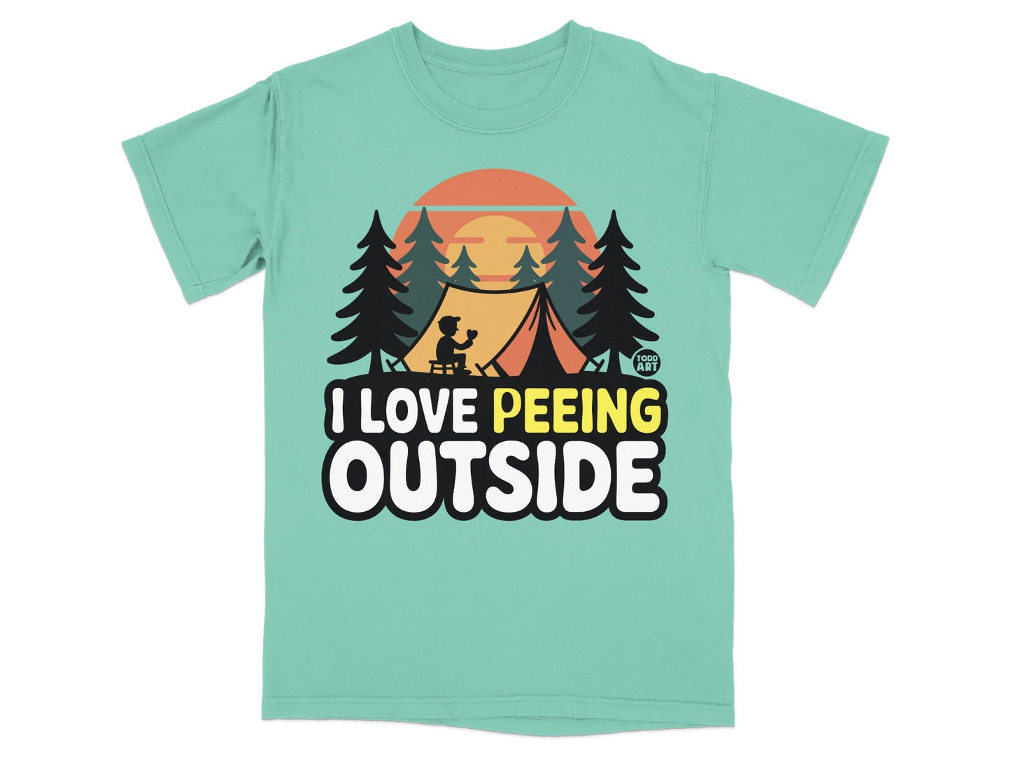 T-shirt with text "I love peeing outside" and a camping scene.