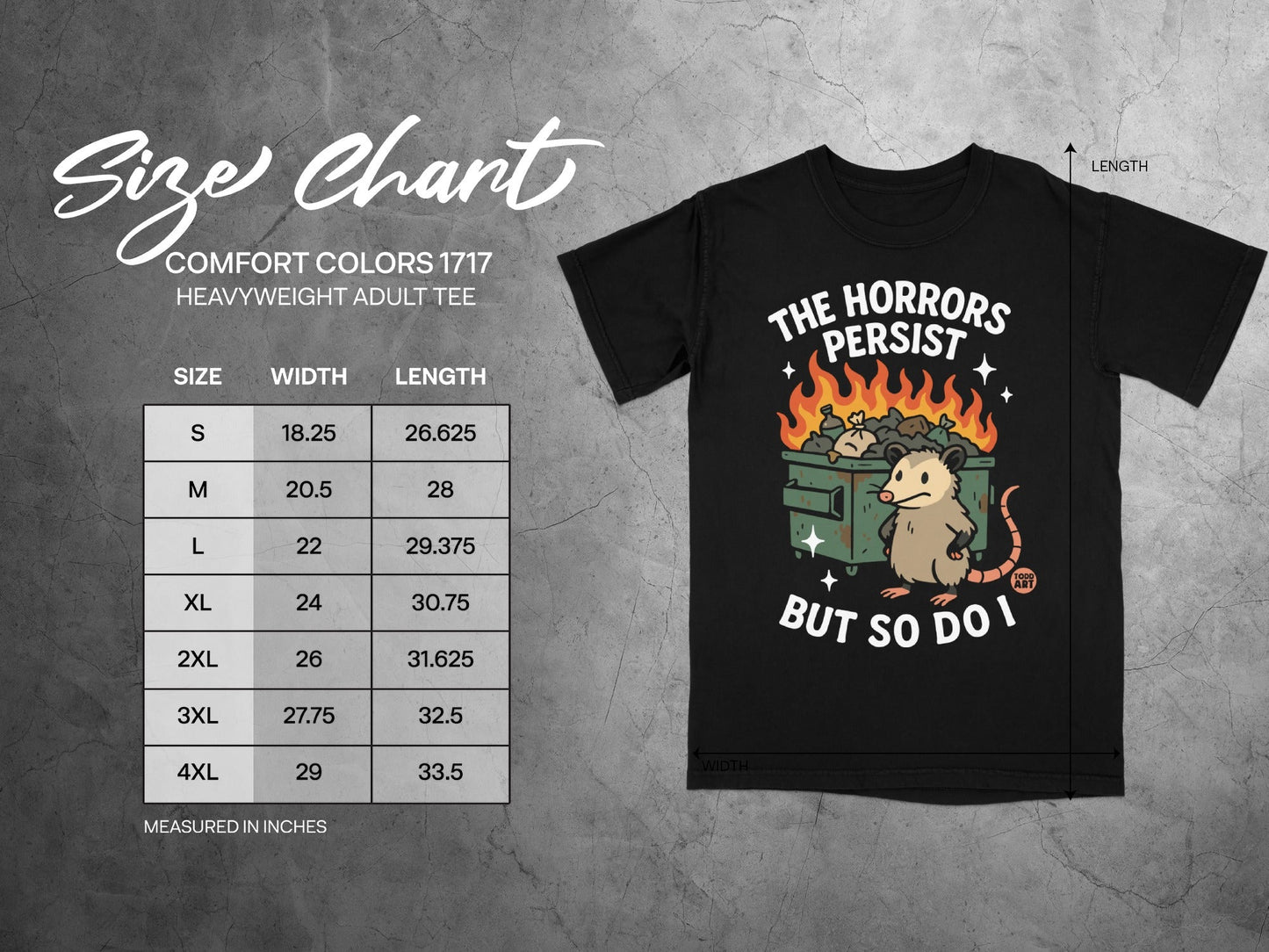 Size chart for Comfort Colors 1717 heavyweight adult tee with raccoon graphic.