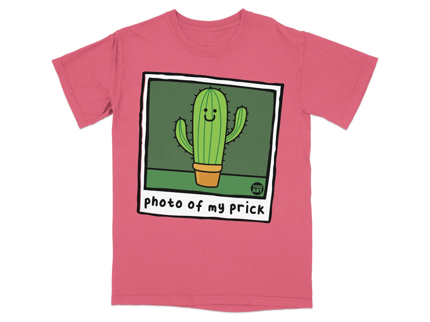 Pink t-shirt with cartoon cactus in a pot, "photo of my prick" text.