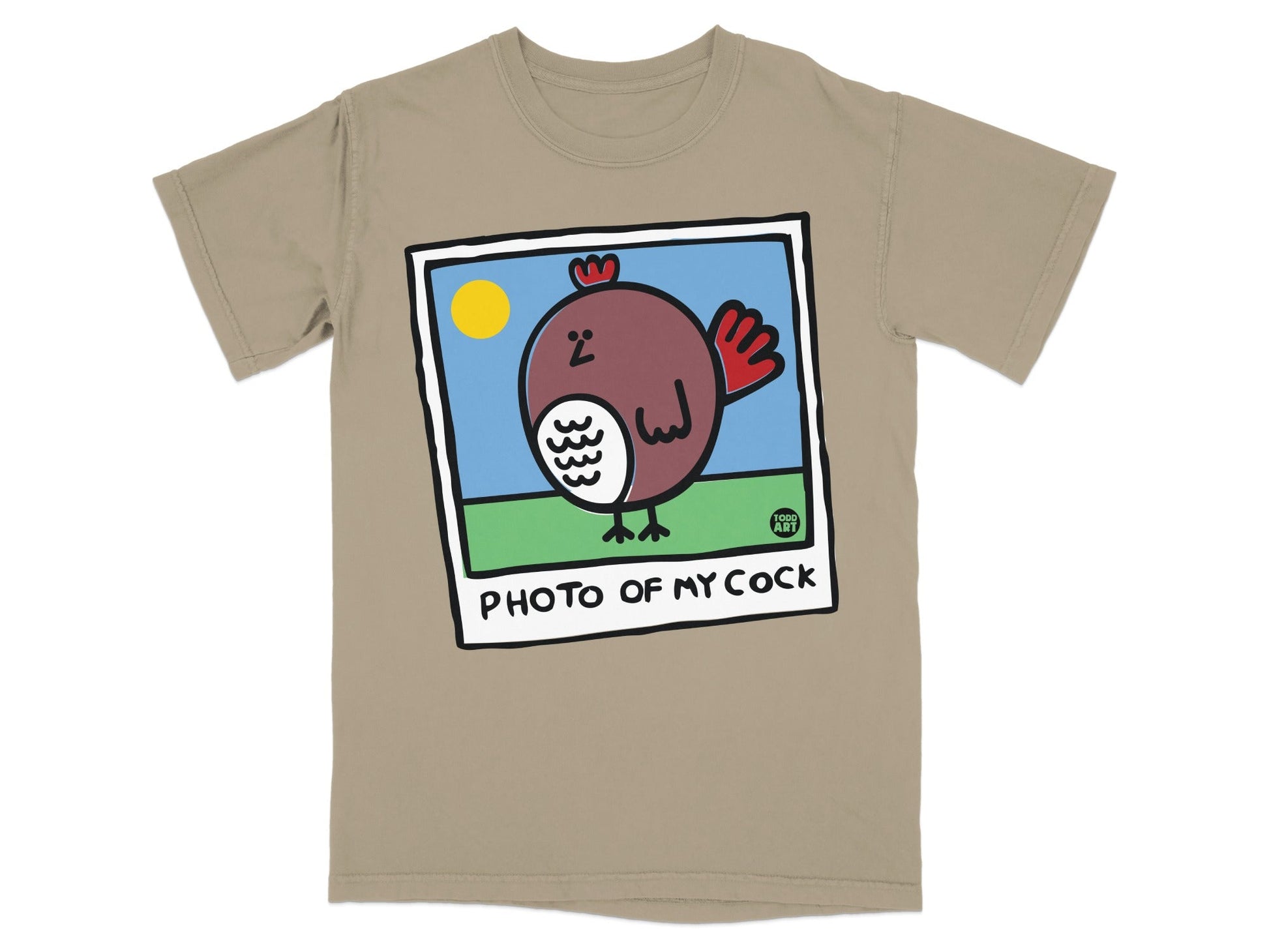 T-shirt with a cartoon chicken on a polaroid with text "PHOTO OF MY COCK".