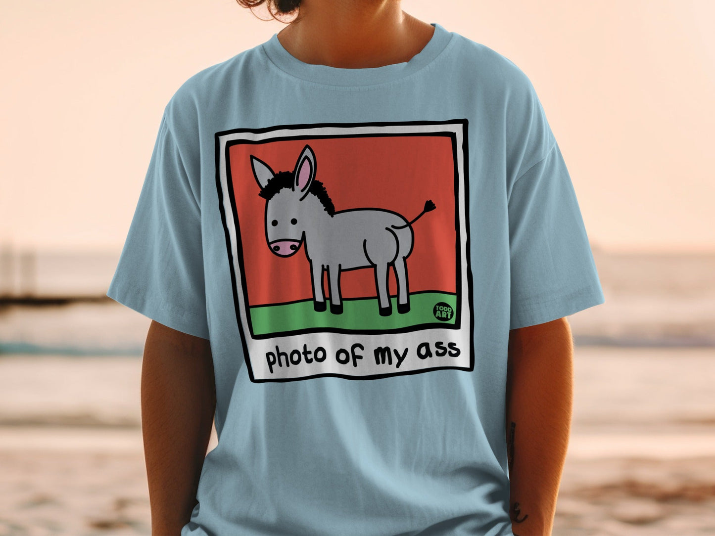 Light blue t-shirt with a cartoon donkey in a frame, saying "photo of my ass".