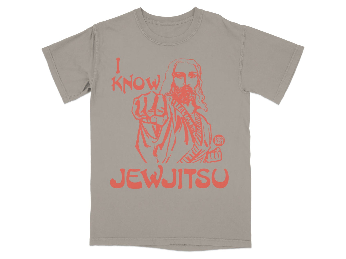Jesus in orange pointing finger on gray t-shirt with "I KNOW JEWJITSU" text.