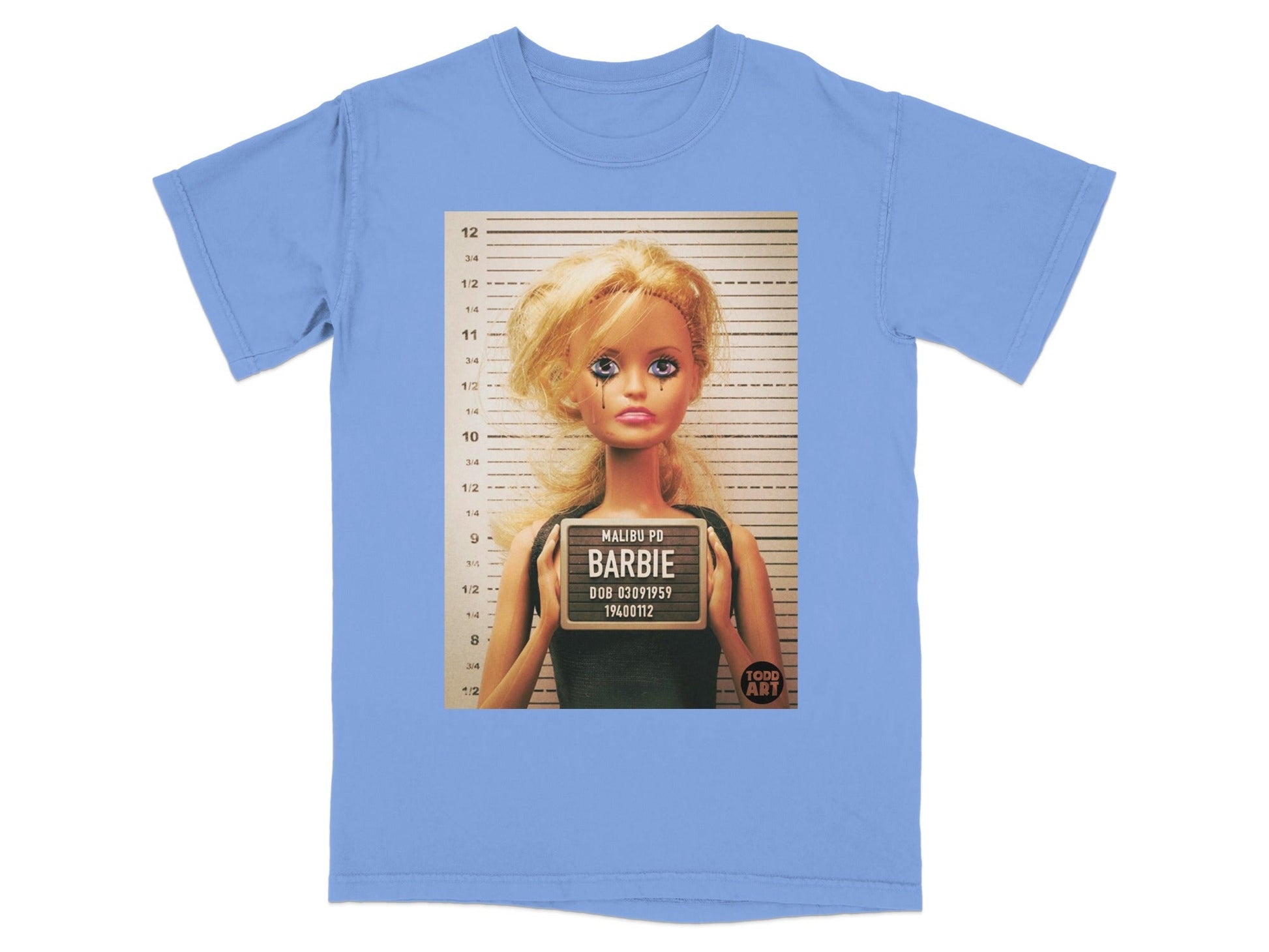 Barbie mugshot with "MALIBU PD BARBIE" text.