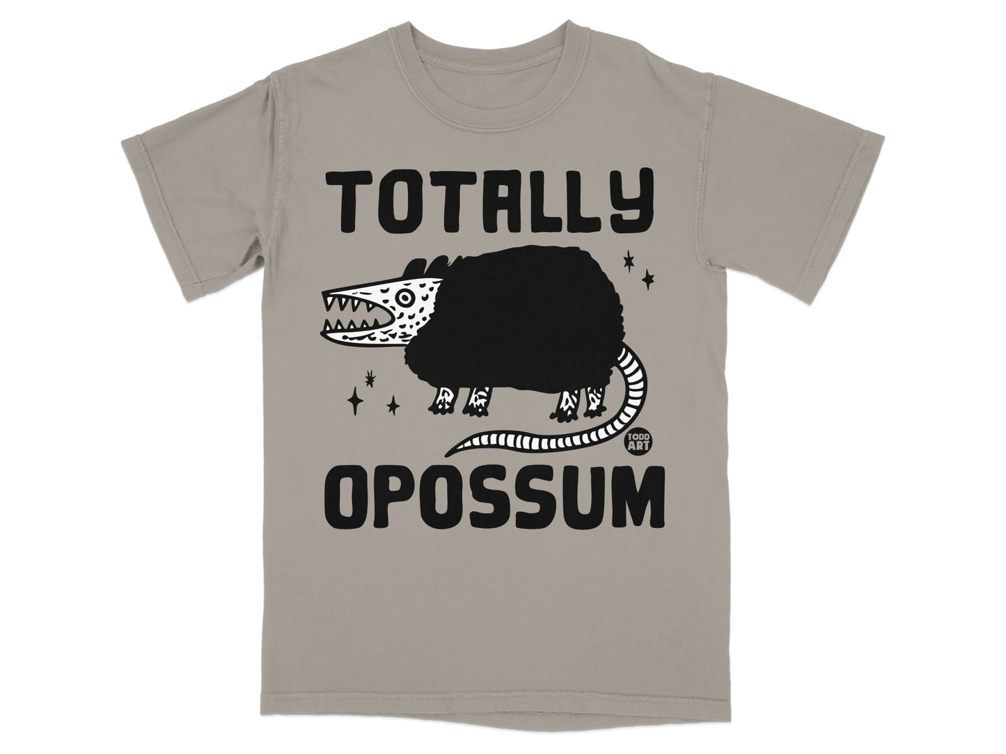 Grey t-shirt with "TOTALLY OPOSSUM" text and a cartoon opossum.