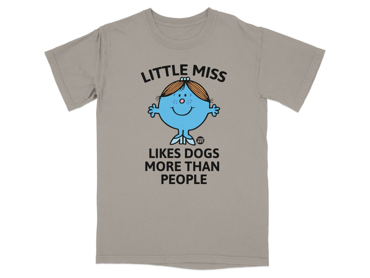 Little Miss Likes Dogs More Than People t-shirt featuring a cartoon character.