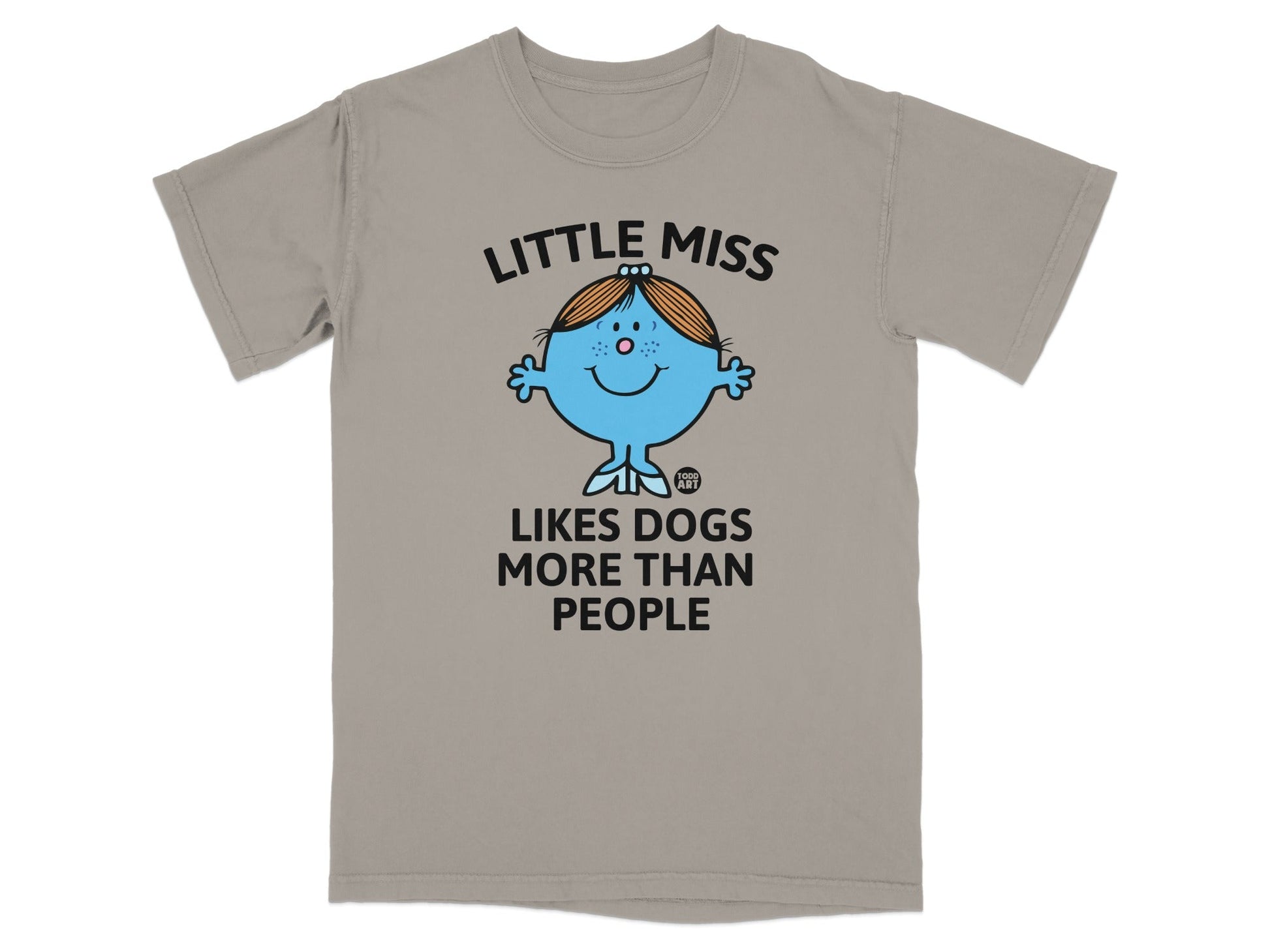 Little Miss Likes Dogs More Than People t-shirt featuring a cartoon character.