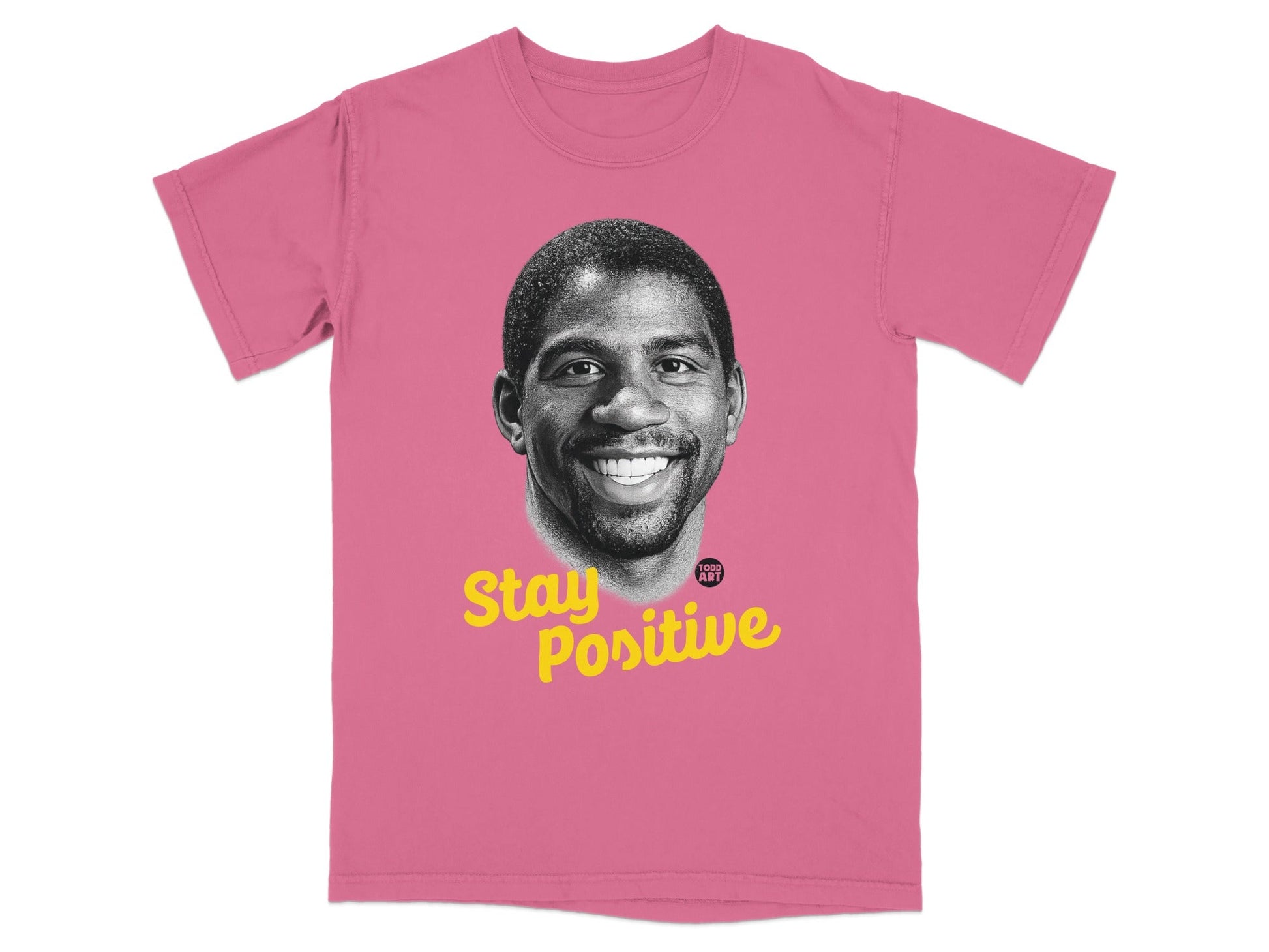 Pink t-shirt with "Stay Positive" text and Magic Johnson portrait.
