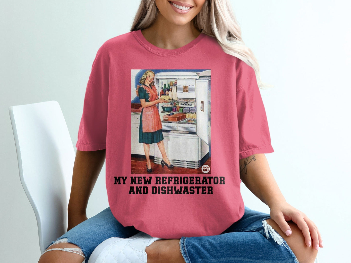 Retro illustration of a woman in a kitchen with a refrigerator and dishwasher.