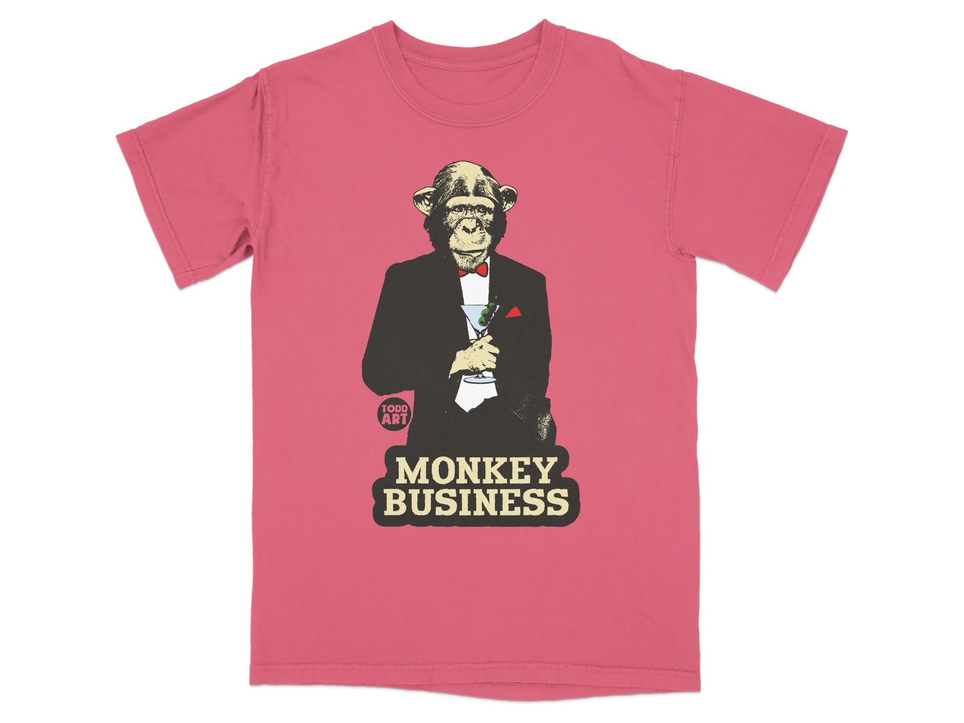 T-shirt with illustration of a monkey in a tuxedo holding a martini, "MONKEY BUSINESS" text.