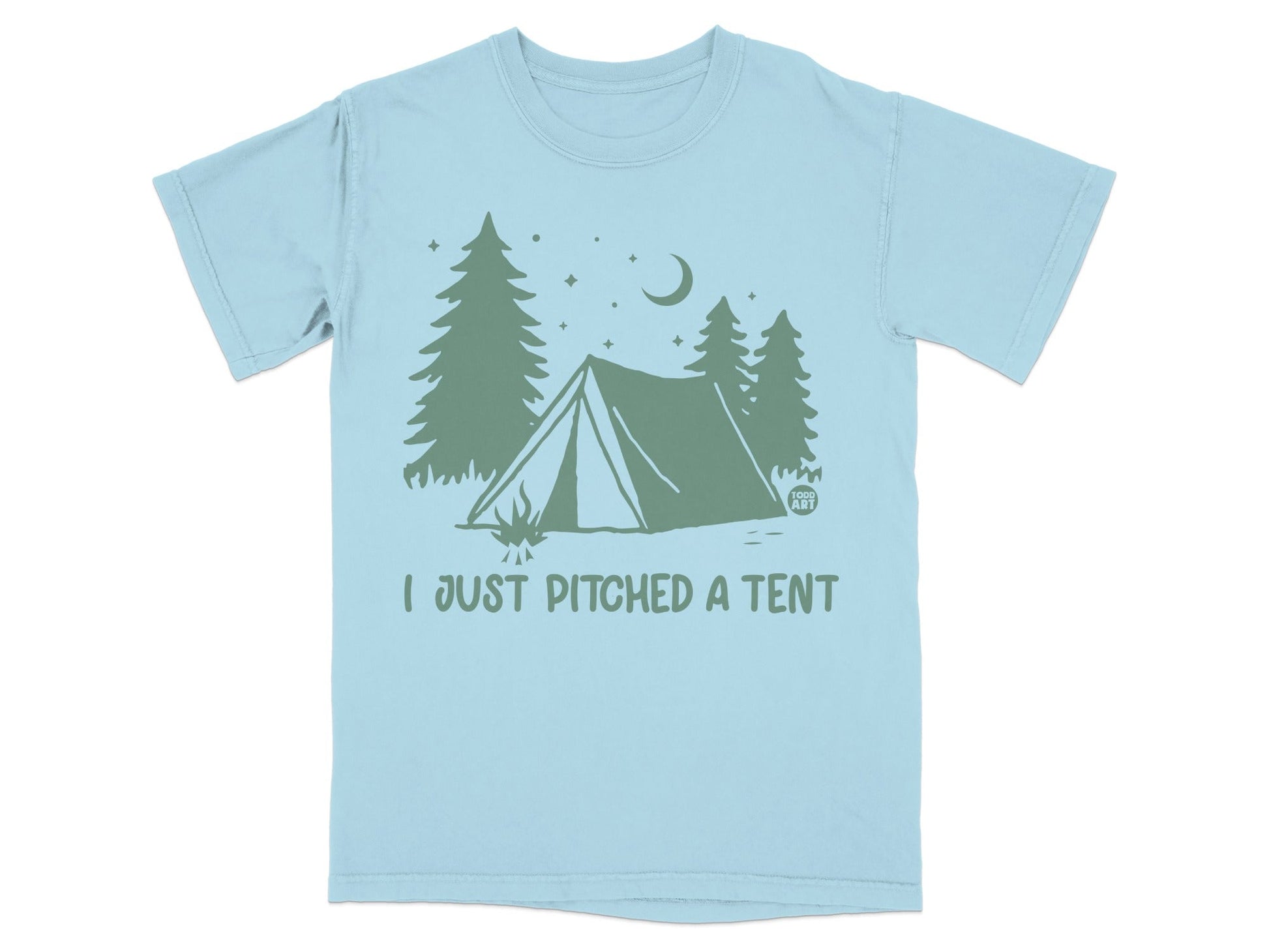 Light blue t-shirt with green graphic of a tent, trees, moon, and text "I JUST PITCHED A TENT".