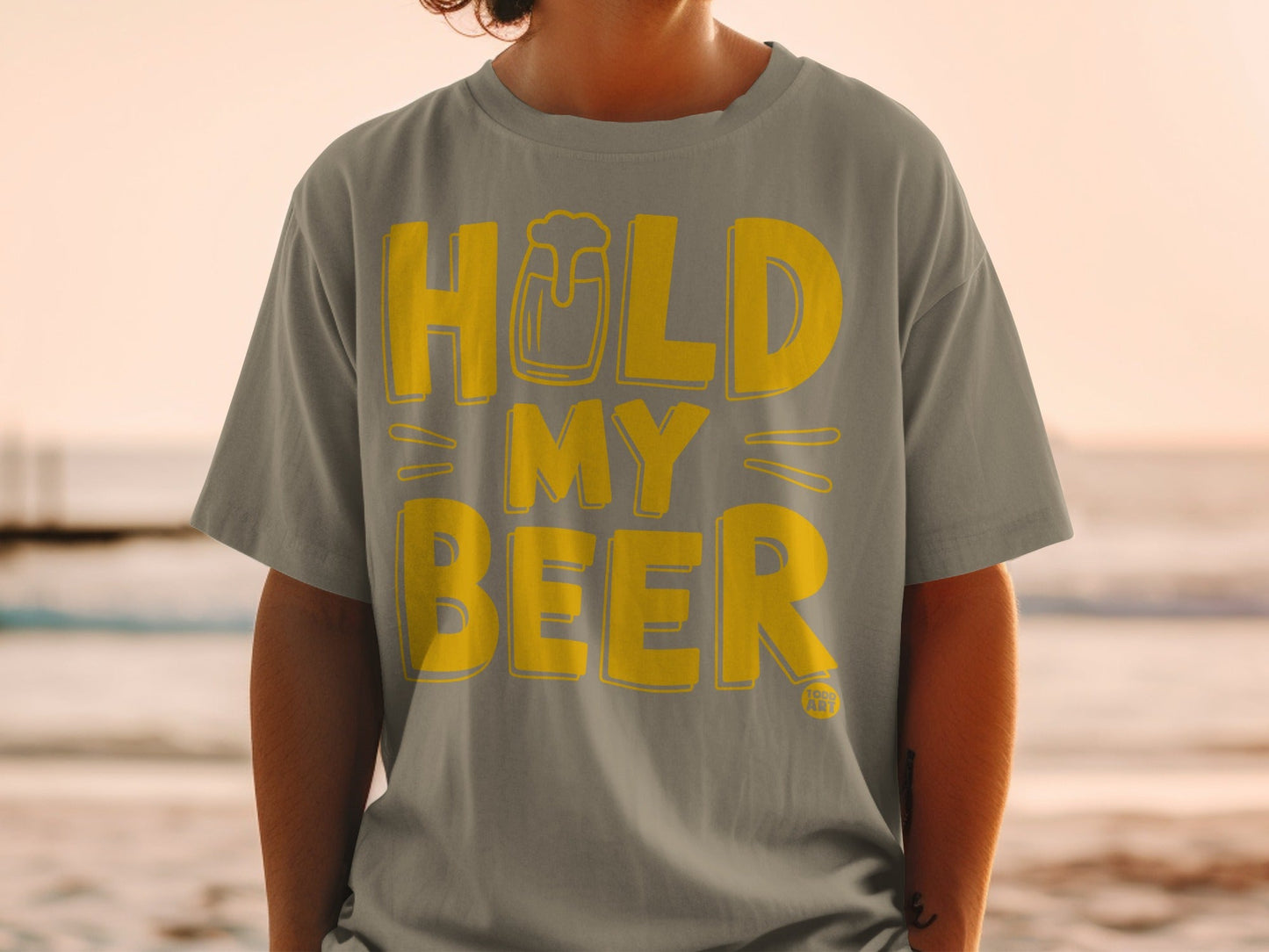 Hold My Beer graphic tee with bold yellow lettering