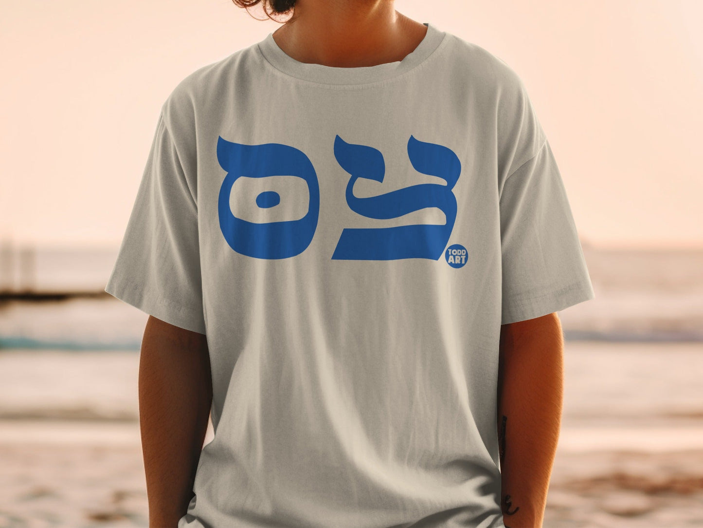 Gray t-shirt with large blue Hebrew letters and small "TODD ART" logo.