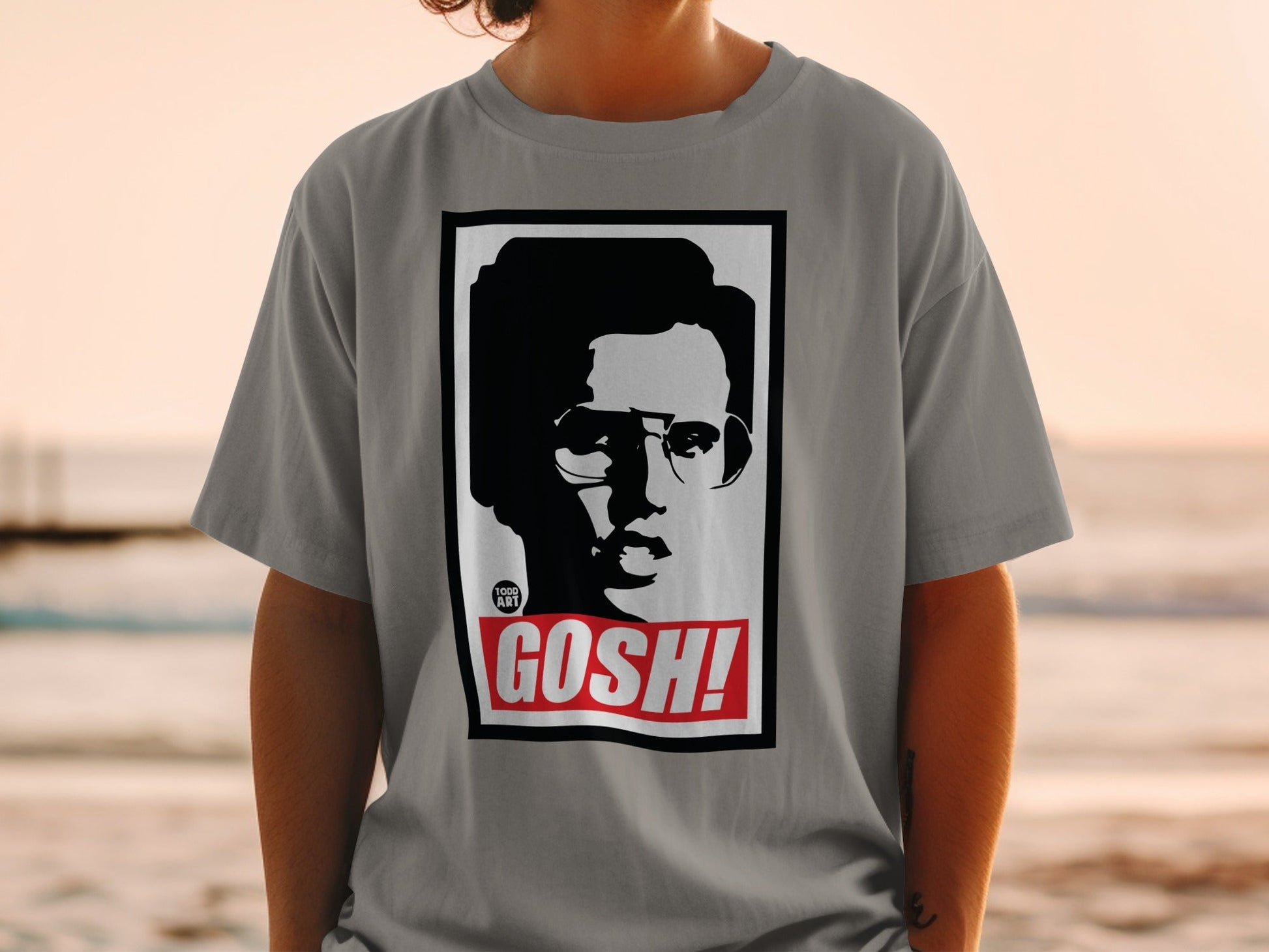 Black and white graphic of a person's face with "GOSH!" in red text.