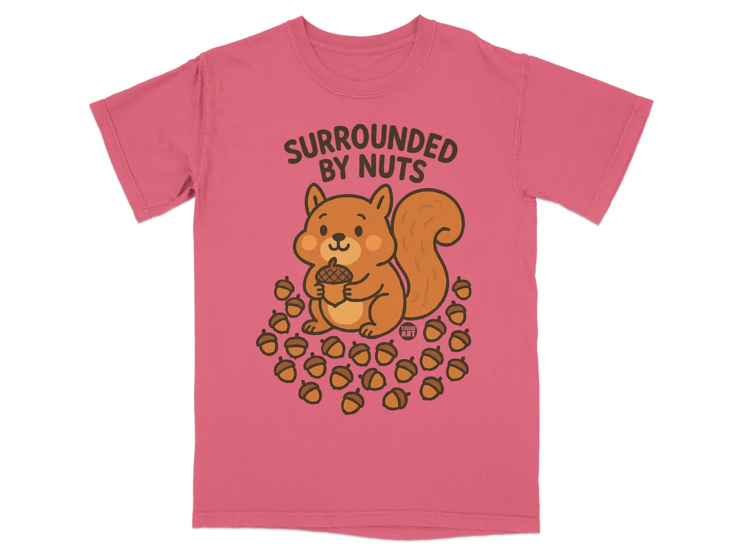 T-shirt with a cartoon squirrel surrounded by acorns.