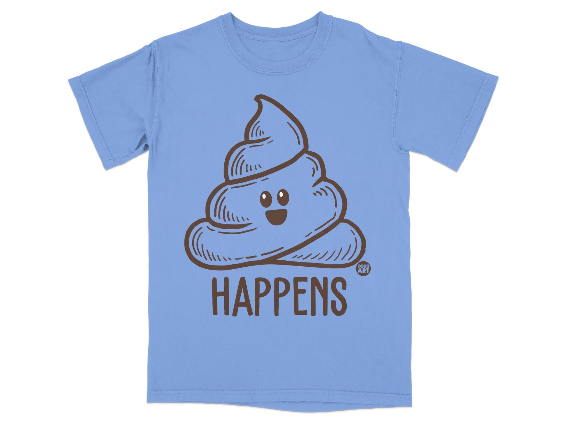 Blue t-shirt with brown cartoon poop emoji and the word HAPPENS.