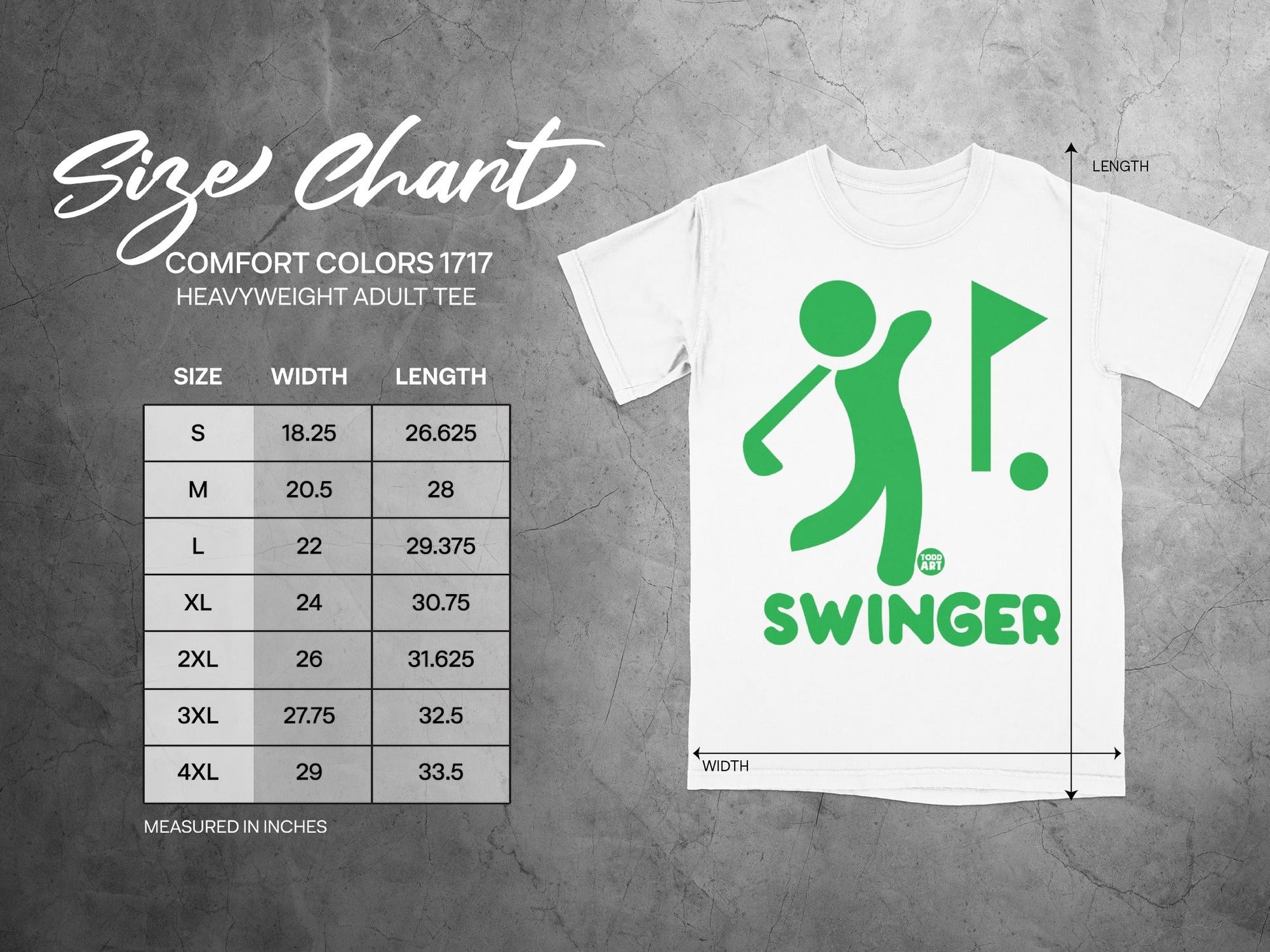 Comfort Colors 1717 size chart with t-shirt graphic.