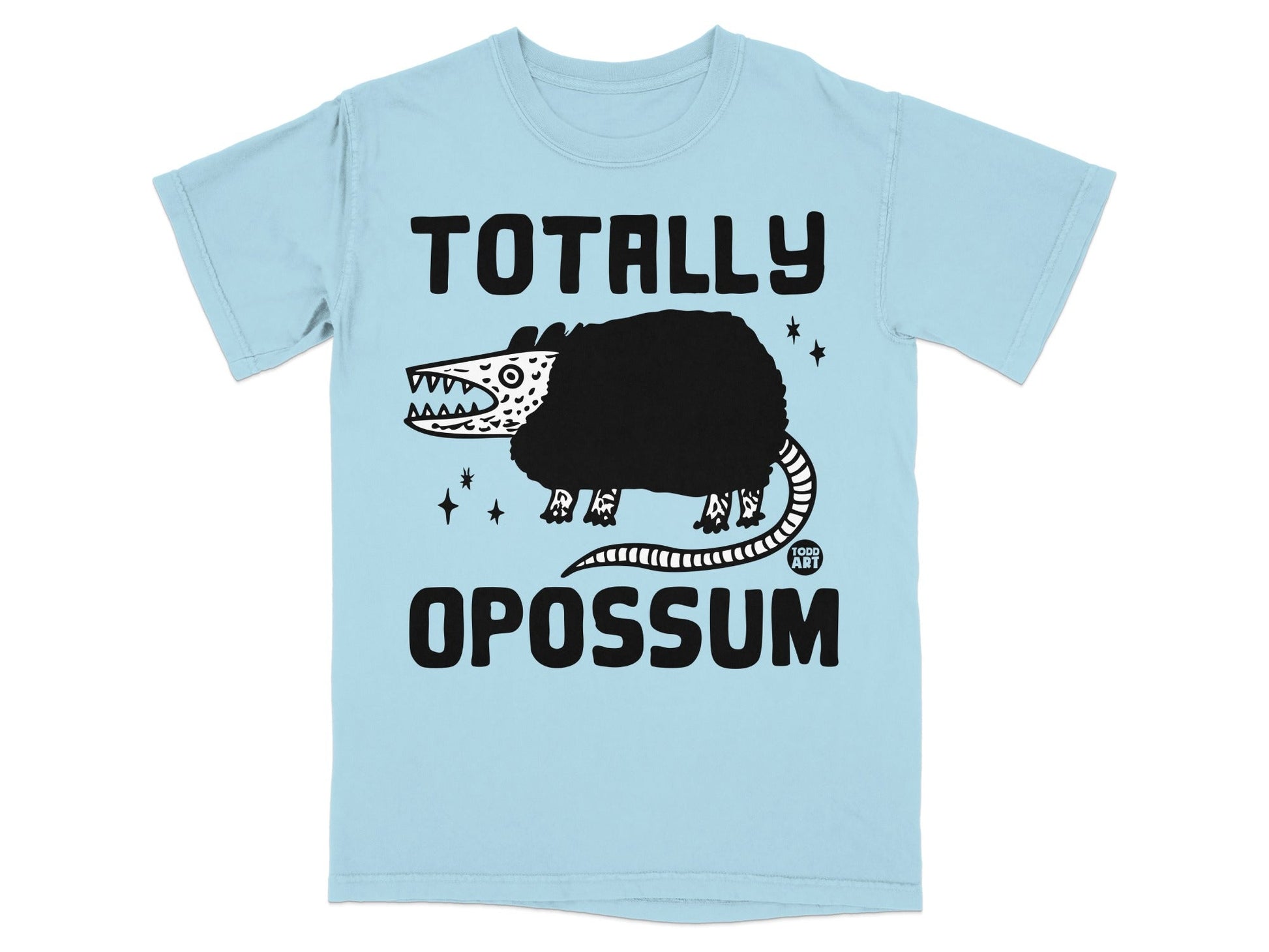 Light blue t-shirt with black possum graphic and "TOTALLY OPOSSUM" text.