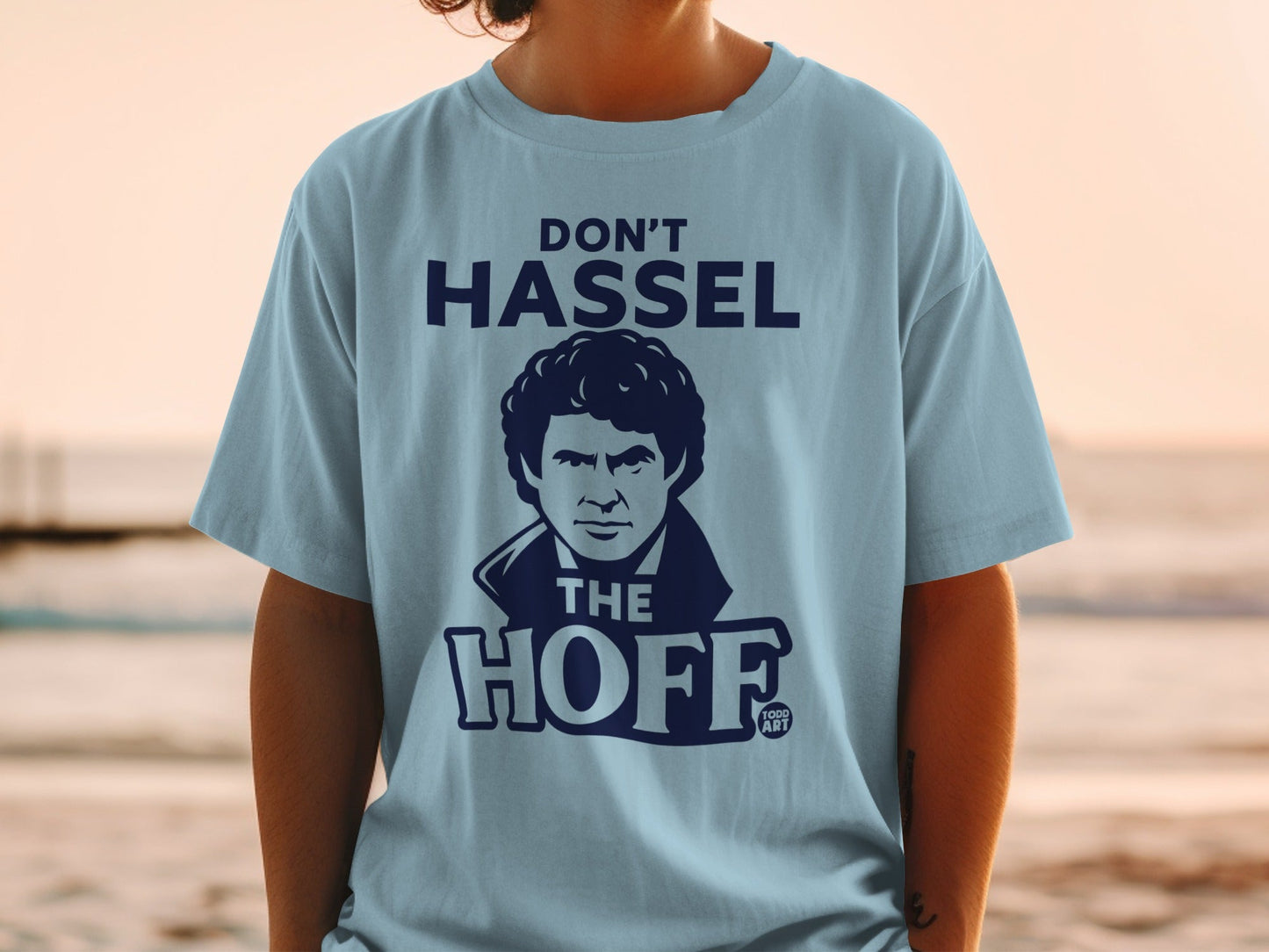 Light blue t-shirt with a graphic of David Hasselhoff saying "Don't Hassel the Hoff."
