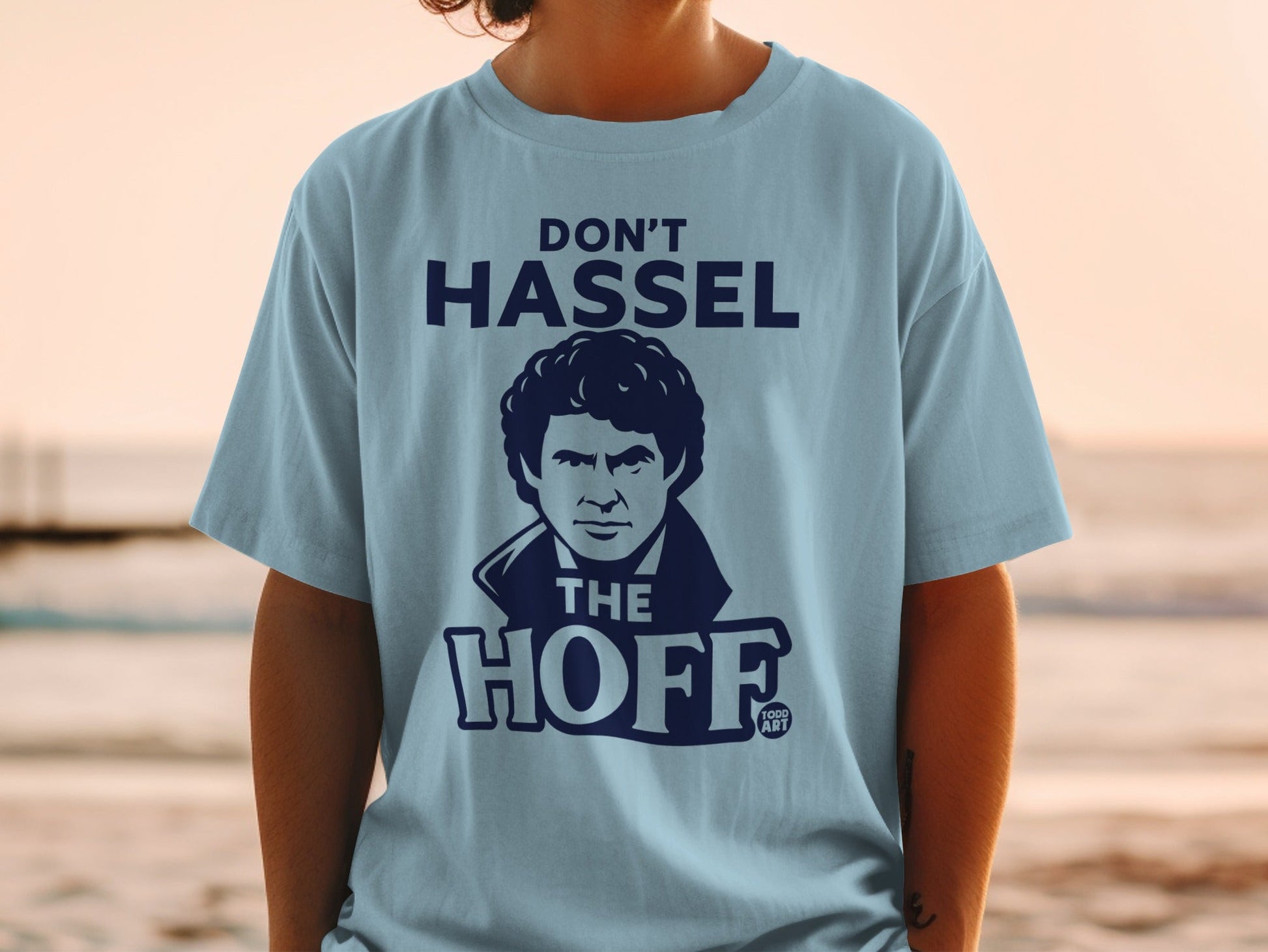 Light blue t-shirt with a graphic of David Hasselhoff saying "Don't Hassel the Hoff."
