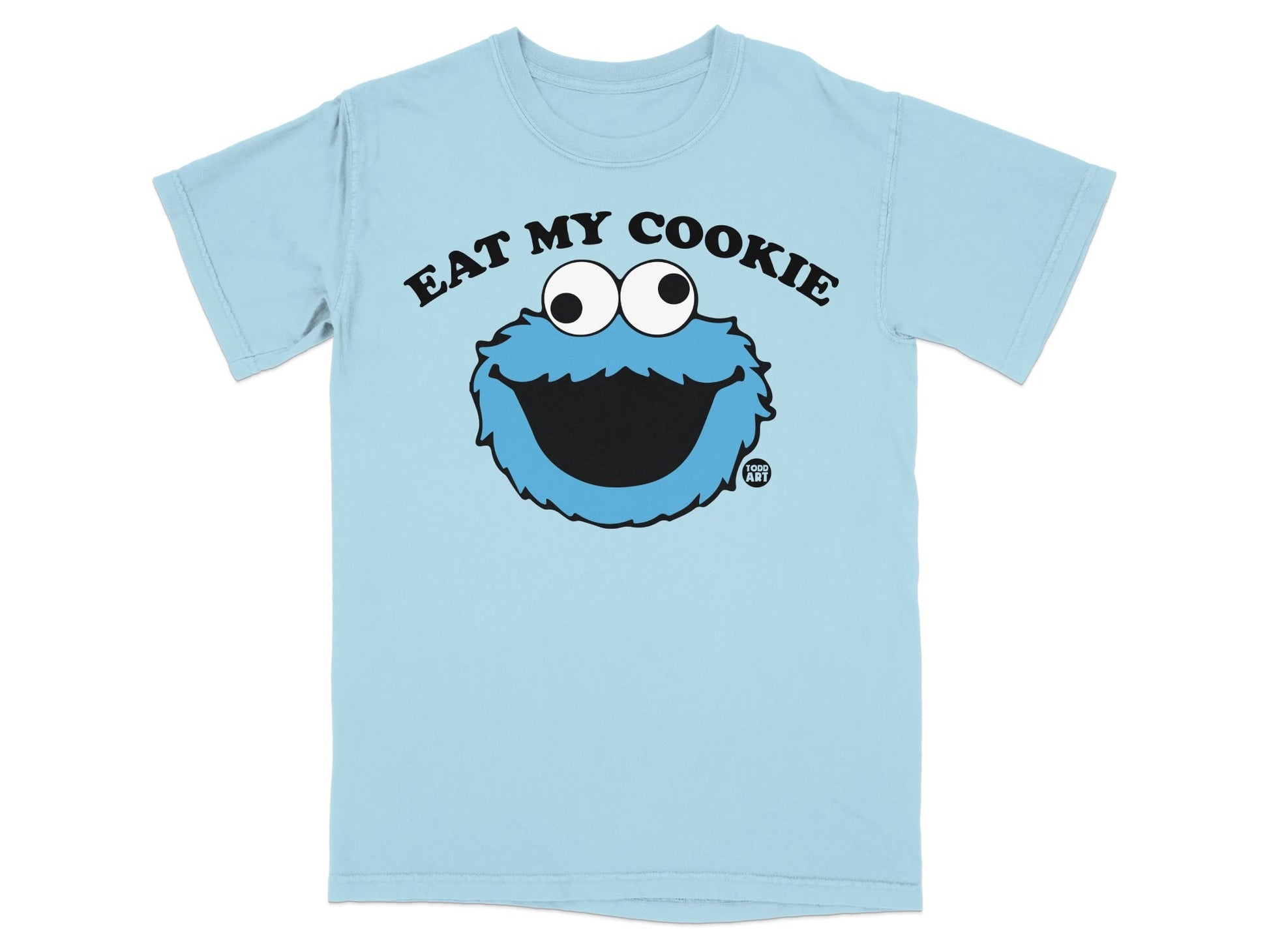 Light blue t-shirt with Cookie Monster's face and "EAT MY COOKIE" text.